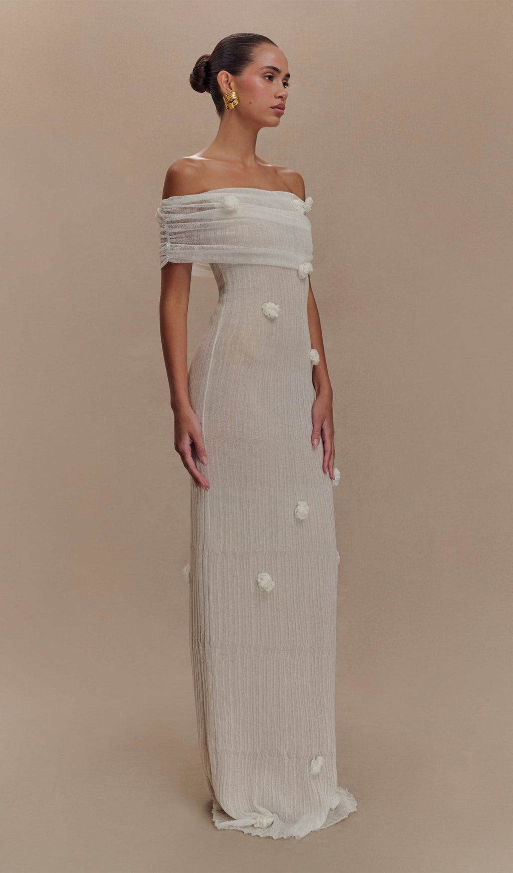 Fildişi Orkide Örgü Uzun Elbise