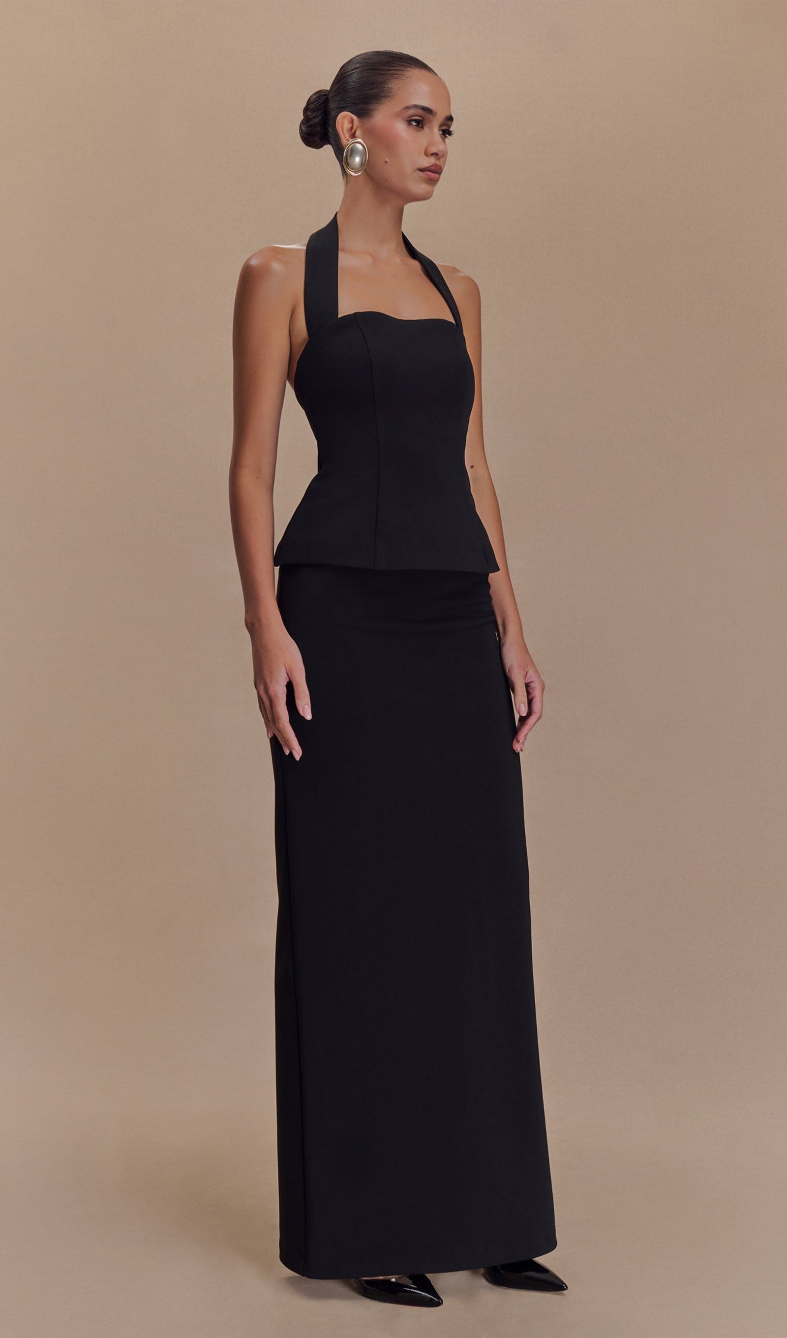 Siyah Peplum Halter Uzun Elbise