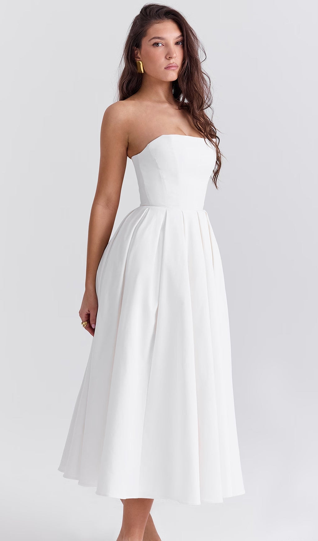 Askısız Korseli Midi Elbise Beyaz
