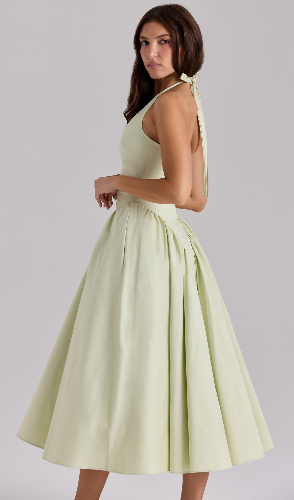 Fıstık Yeşili Pamuklu Askılı Midi Elbise