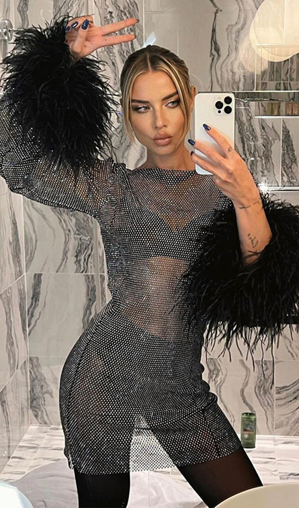 Şeffaf Taşlı Mini Elbise