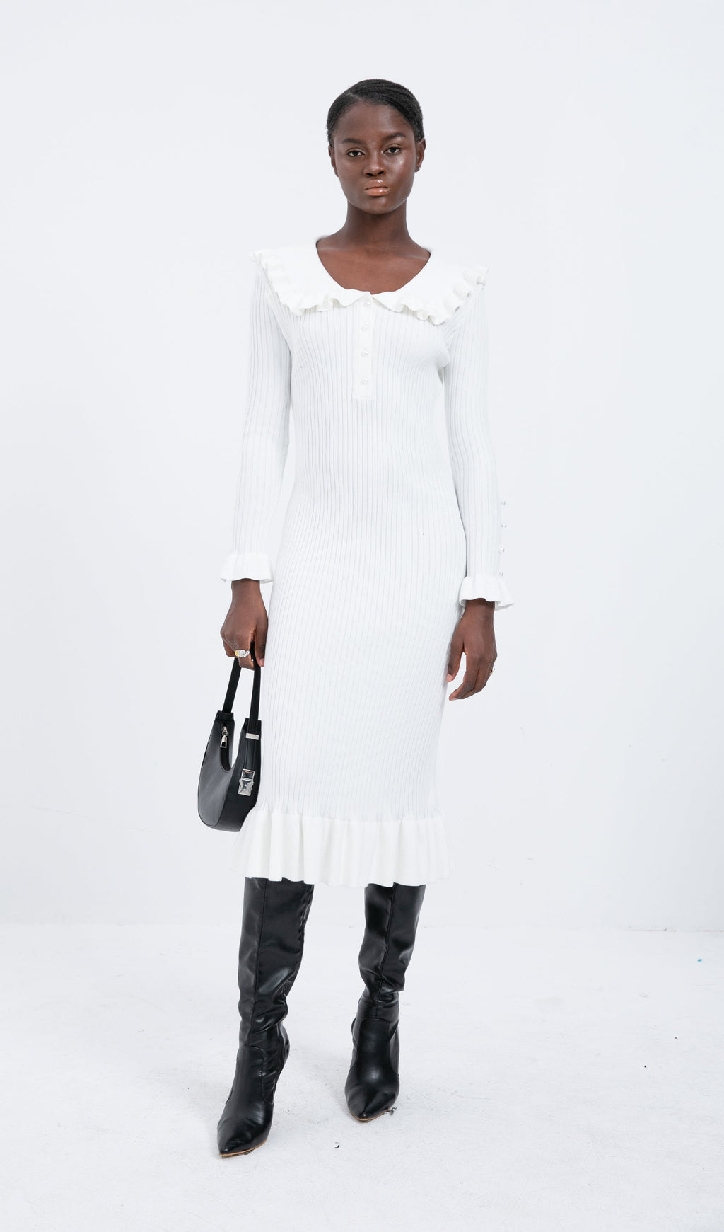 Trendy Örme Volanlı Midi Elbise - Beyaz