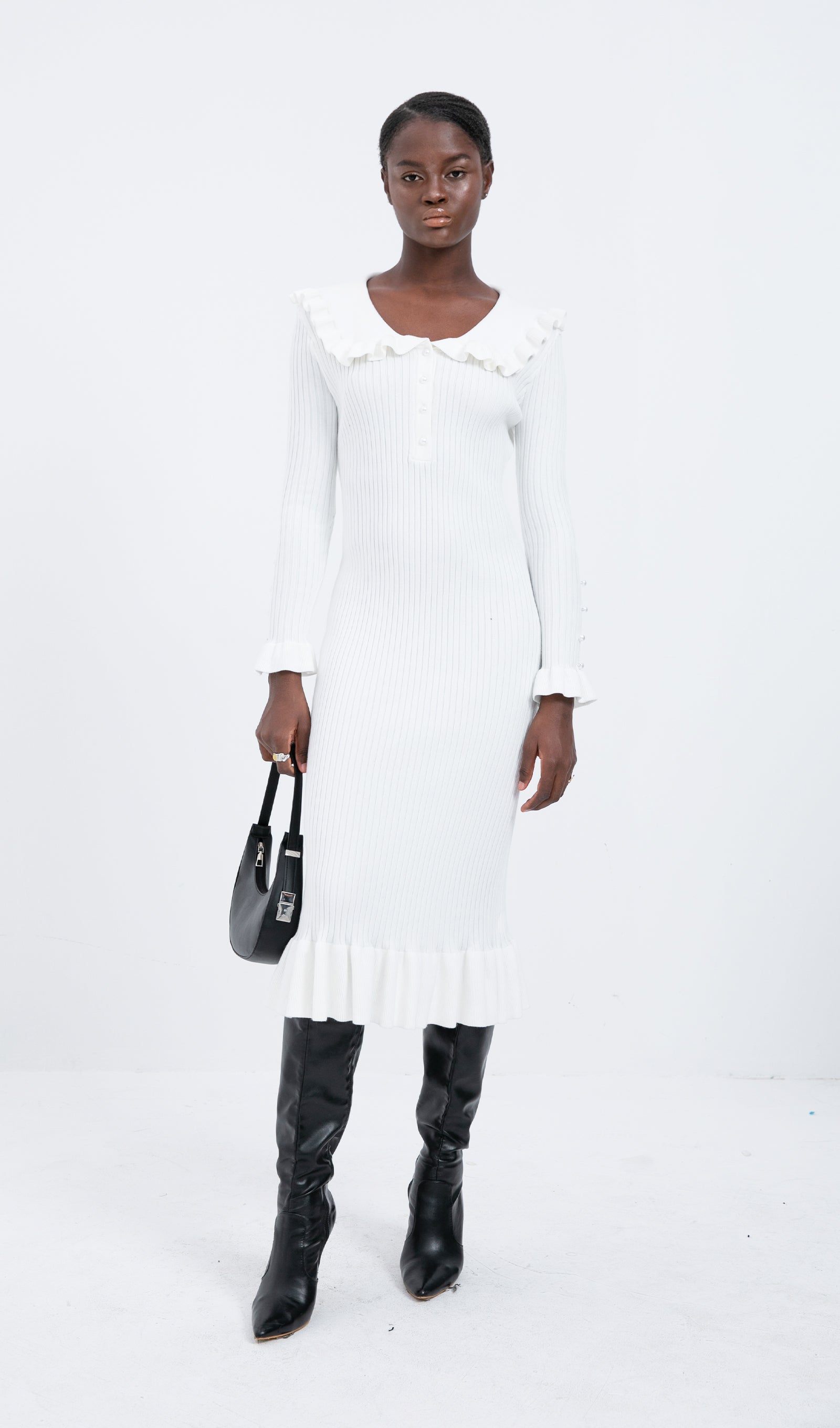 Trendy Örme Volanlı Midi Elbise - Beyaz