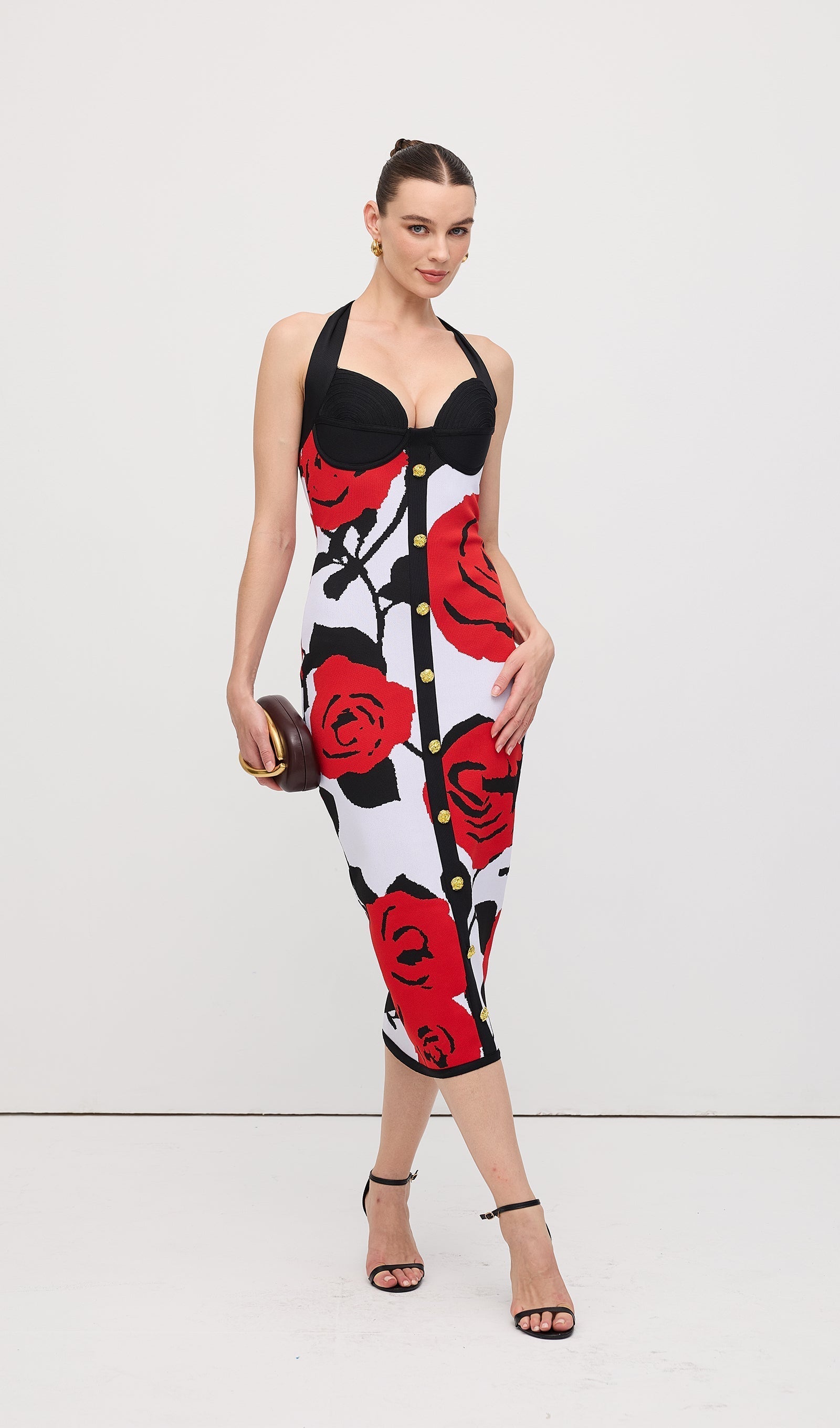 Çiçekli Jakarlı Örgü Midi Elbise