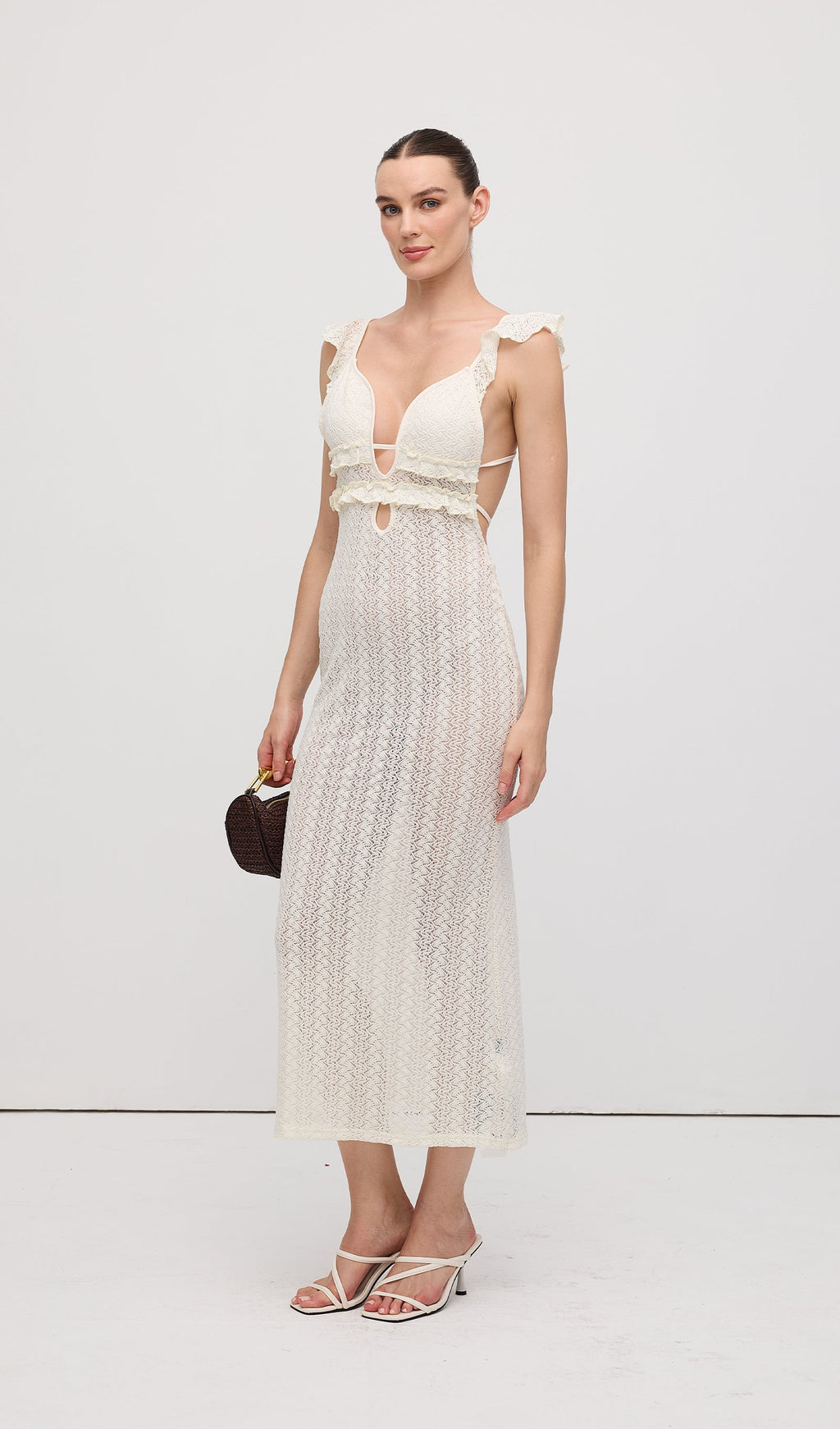 Volanlı Sırtı Açık Örgü Midi Elbise