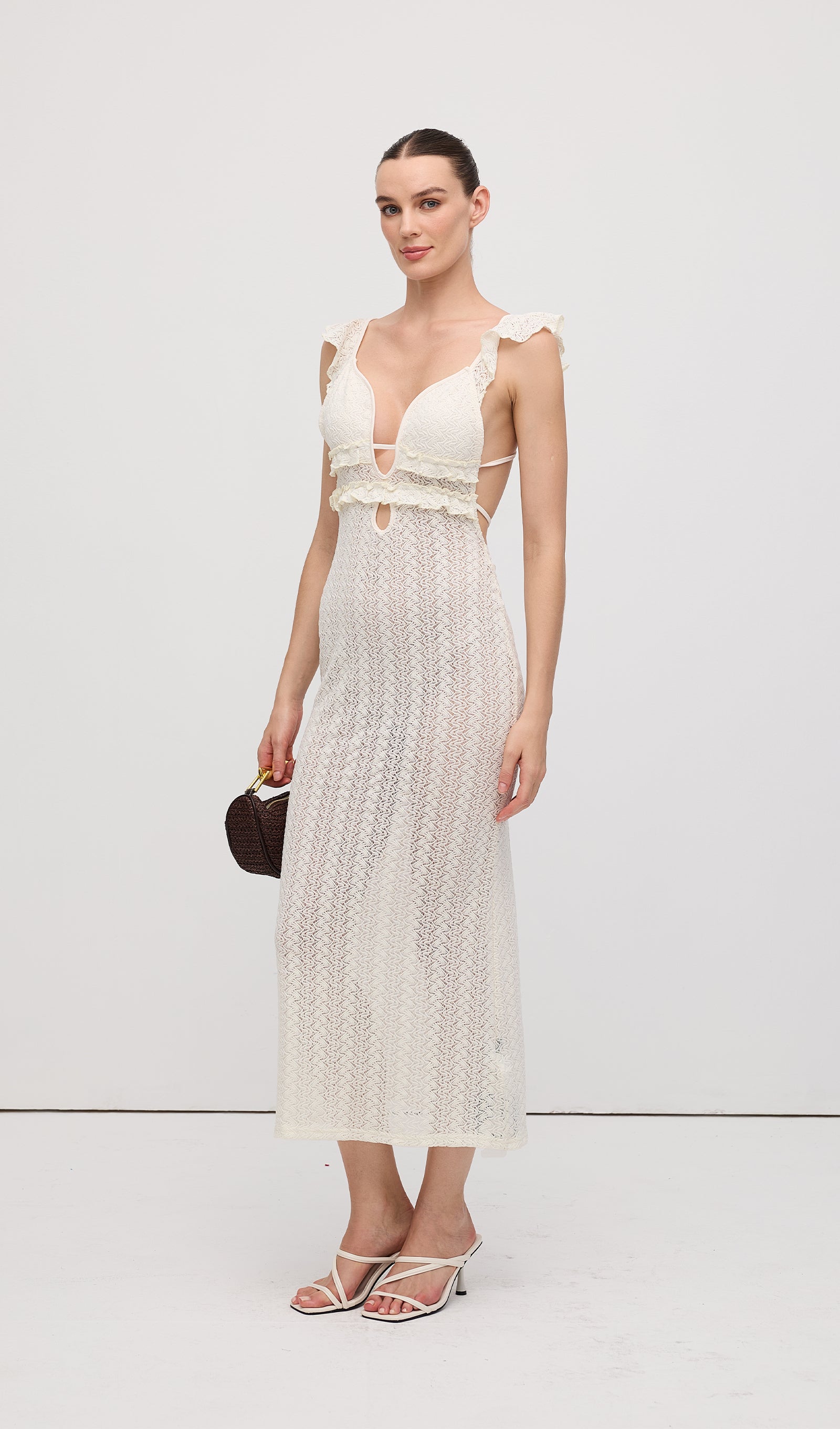 Volanlı Sırtı Açık Örgü Midi Elbise