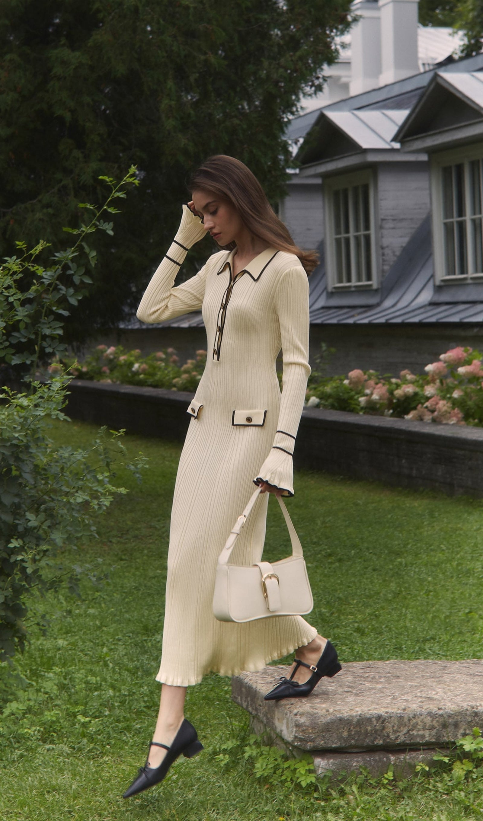 Dar Kesim Lastik Örgü Midi Elbise - Krem