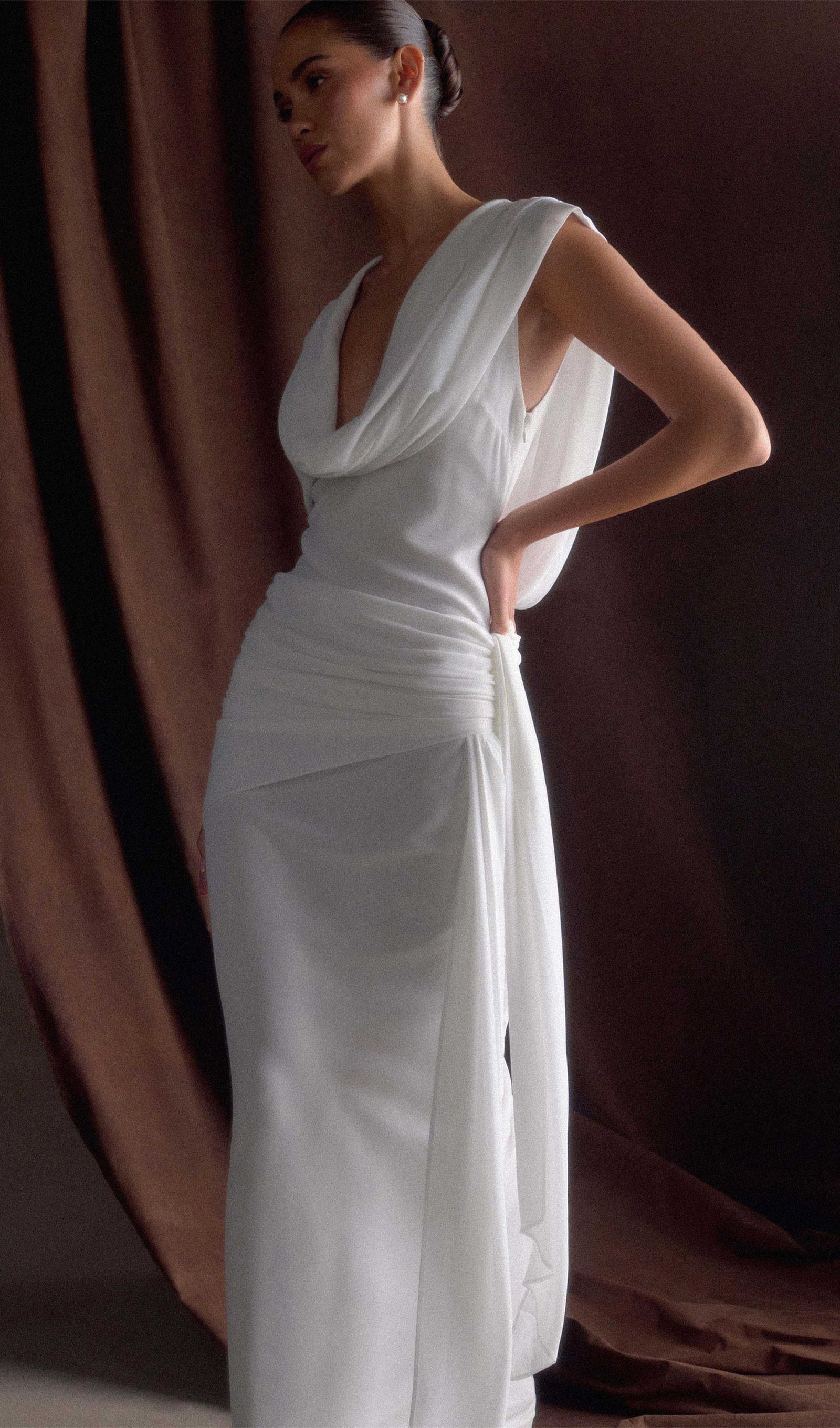 Şifon Drapeli Uzun Elbise