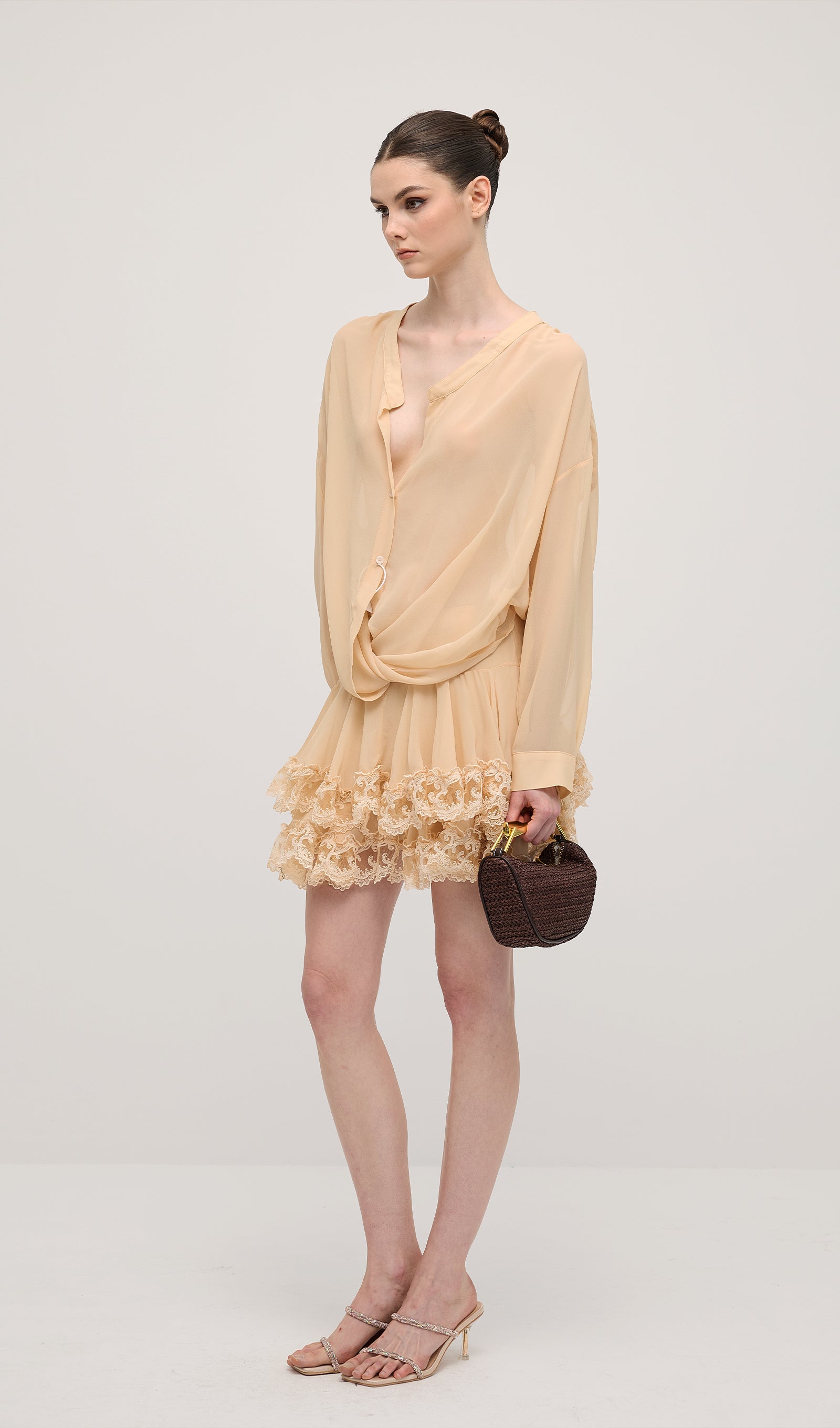 Uzun Kollu Katlı Mini Elbise