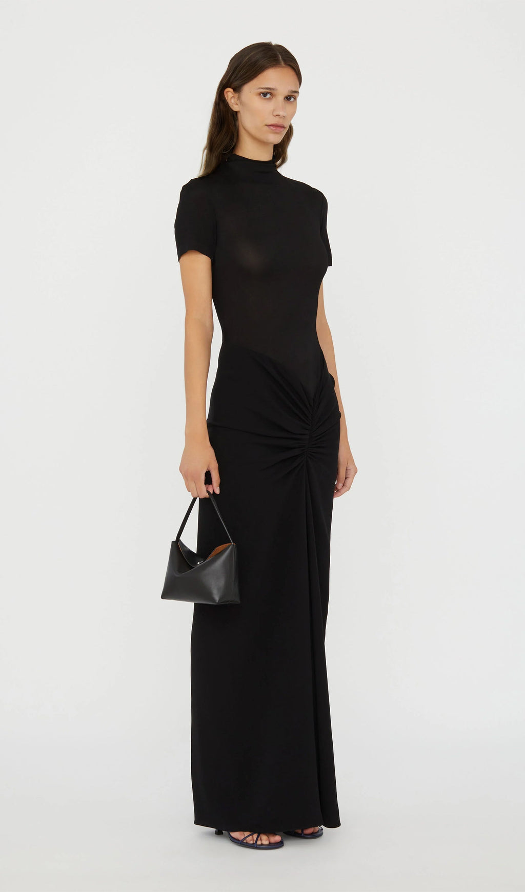 Siyah Füzyon Büzgülü Uzun Elbise