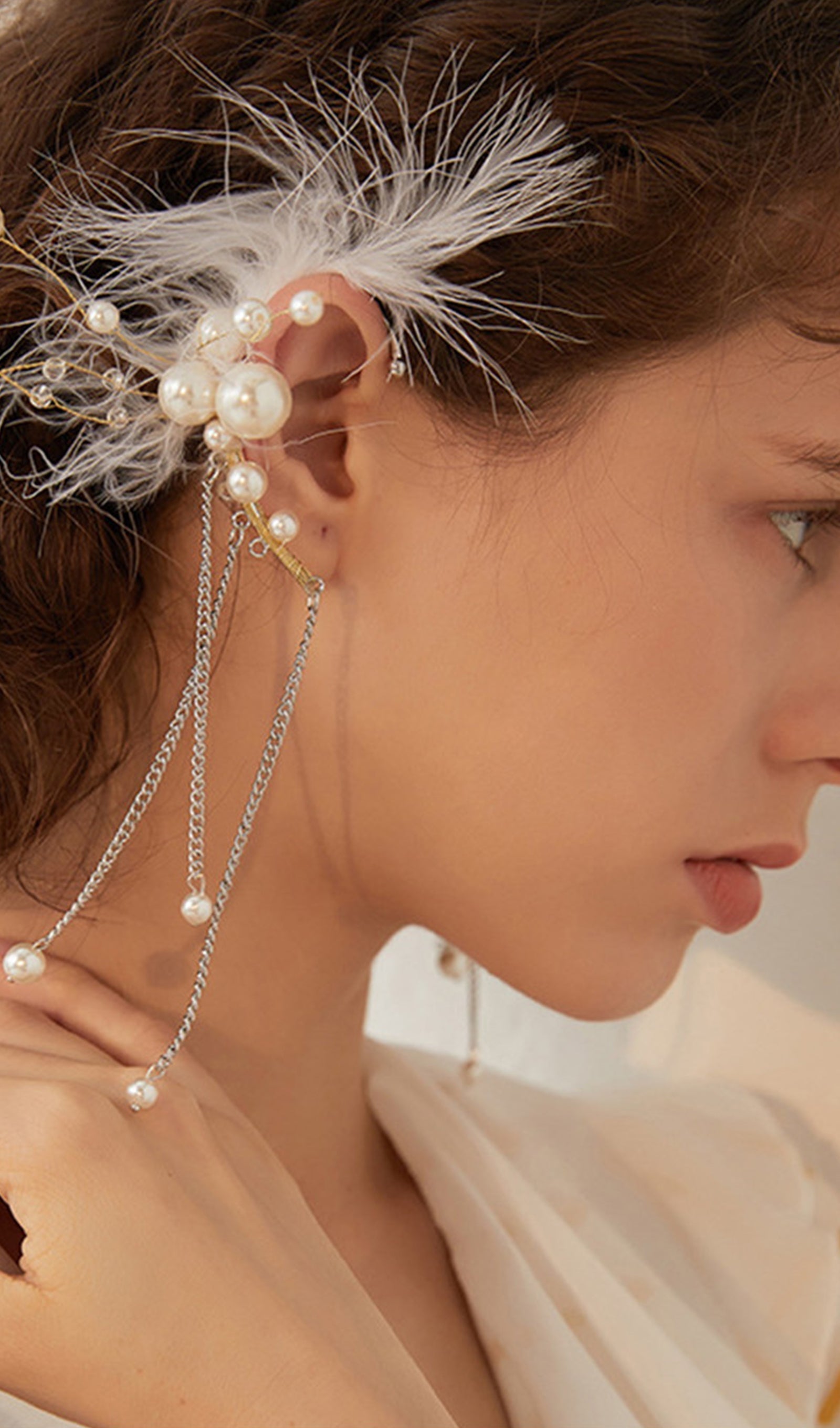 Tüy İnci Tırmanıcı Püskül Manşet Tek Küpe