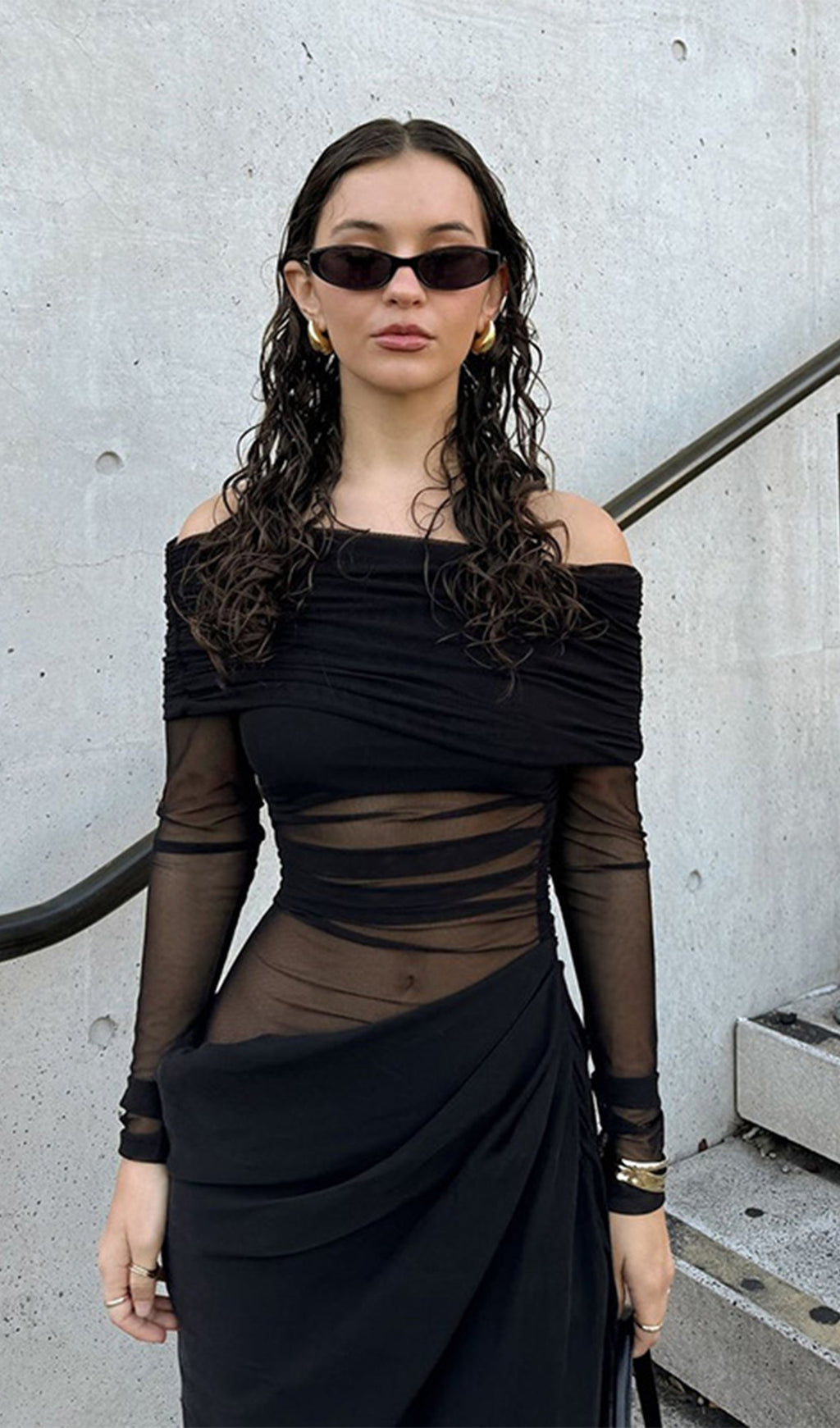 Omuz Açık Şeffaf Uzun File Siyah