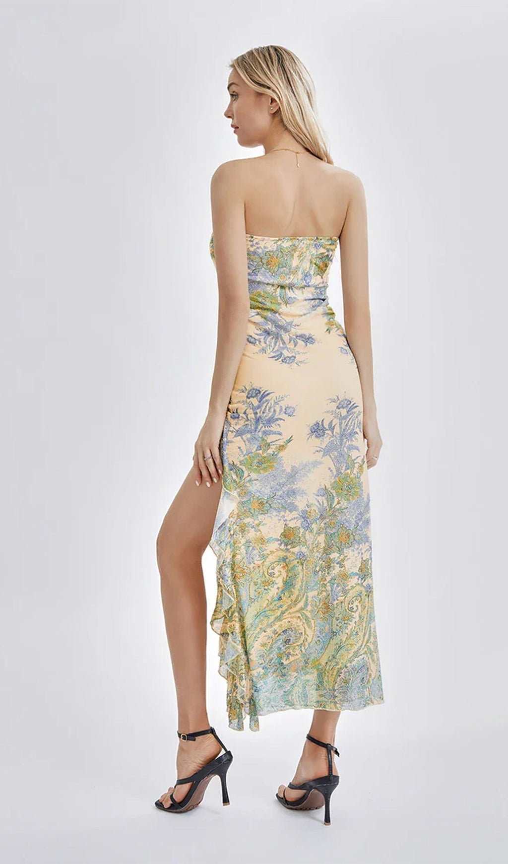 Baskılı Straplez Yırtmaçlı Midi Elbise