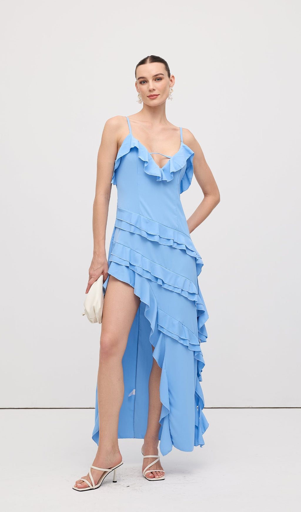 Kolsuz Rayon Volanlı Midi Elbise