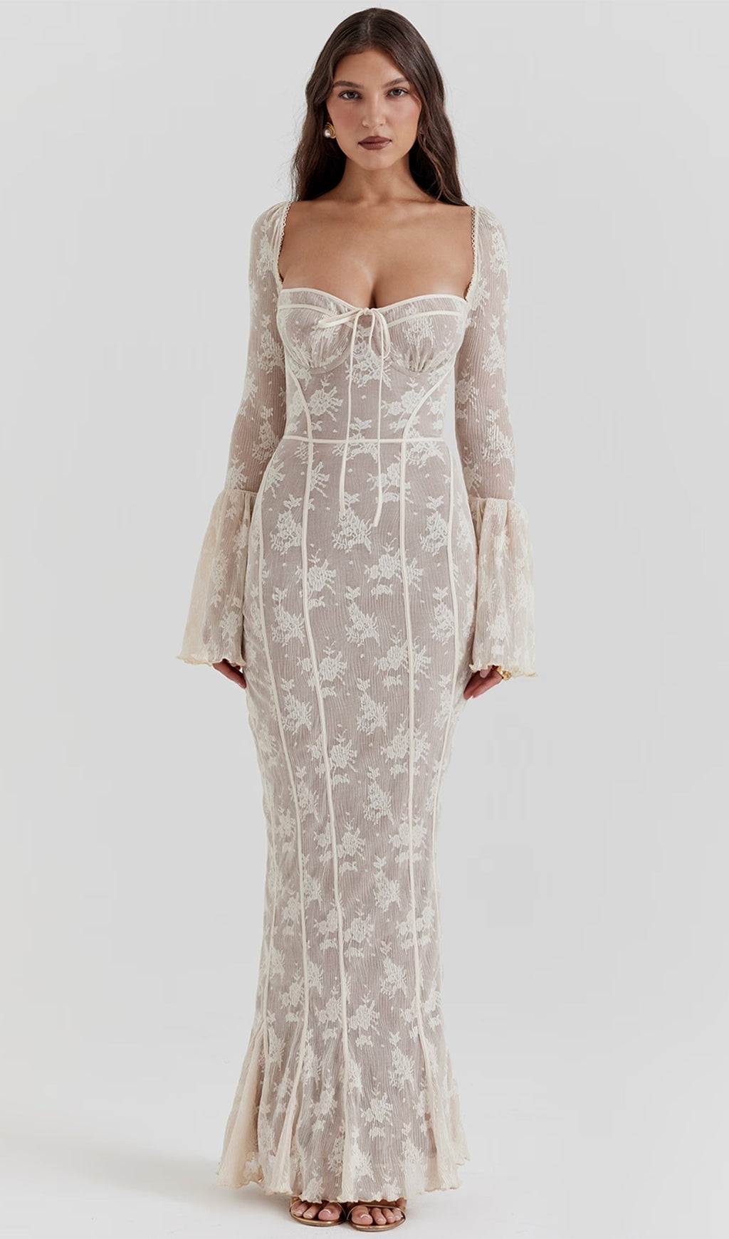 Vintage Krem Dantel Uzun Elbise