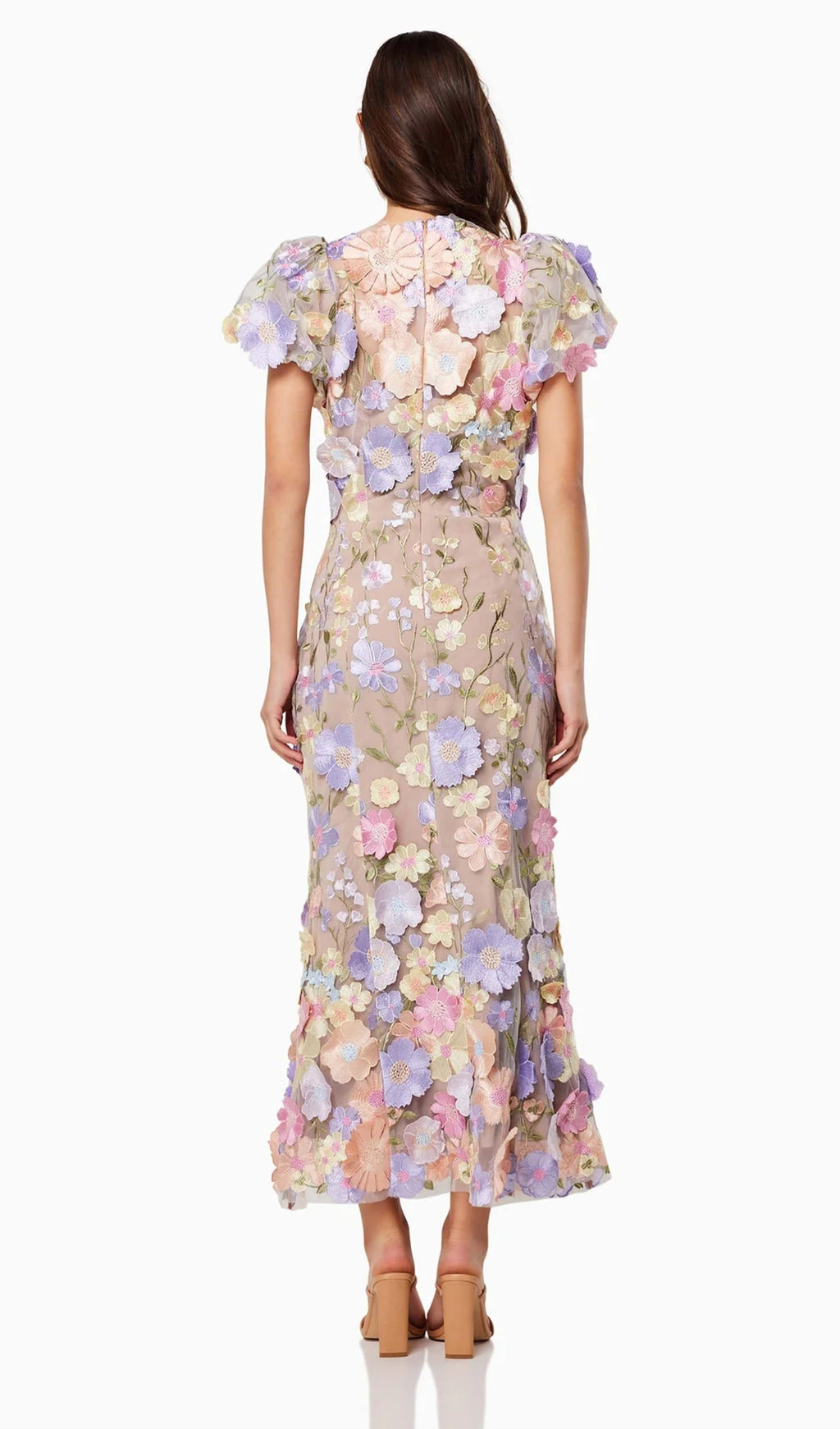 Mor Renkli Çiçekli 3D Dantel Midi Elbise