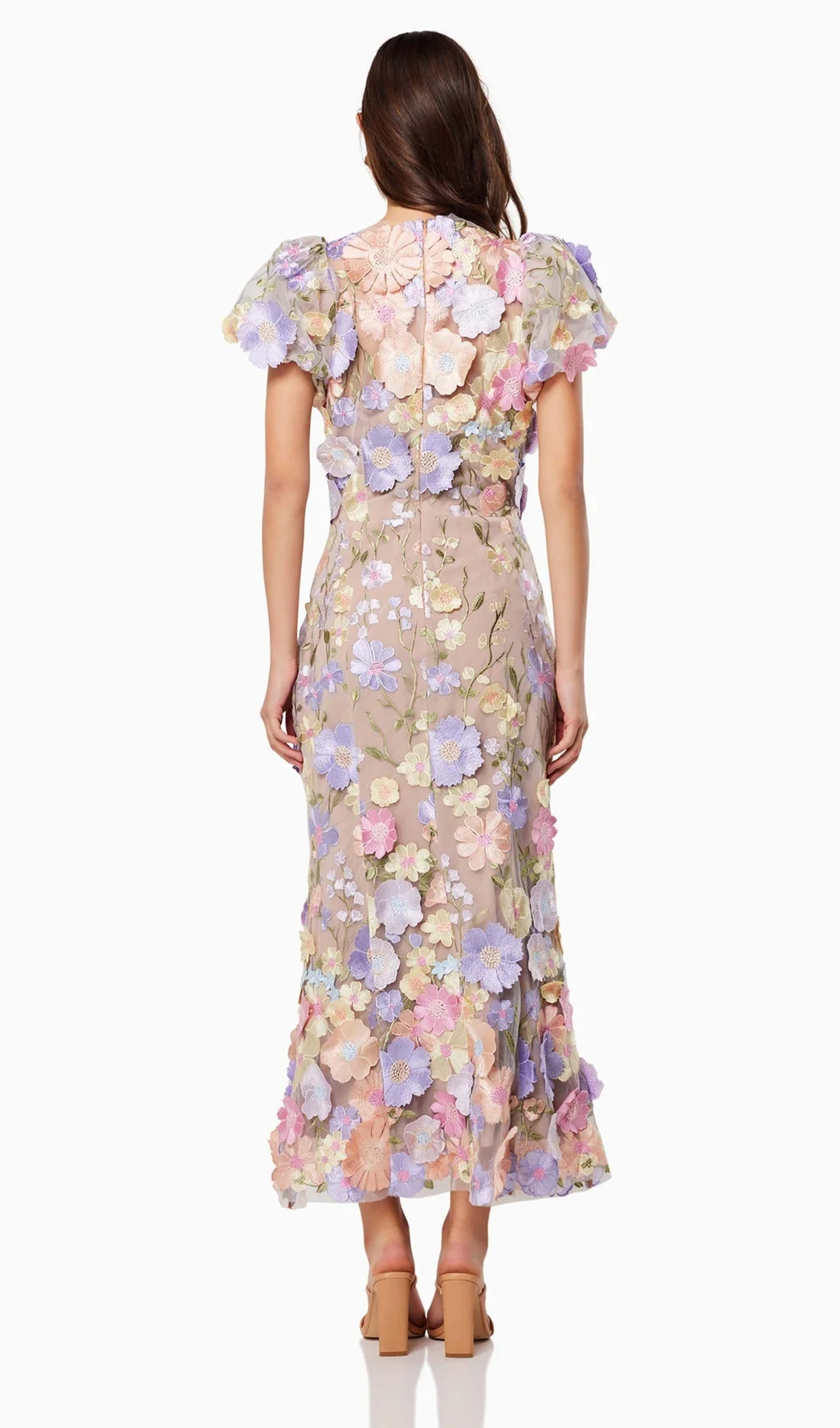 Mor Renkli Çiçekli 3D Dantel Midi Elbise