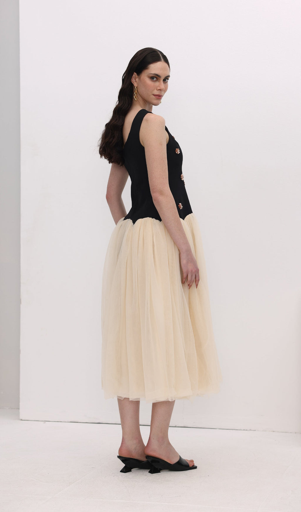 Vintage Kontrast Tül Midi Elbise