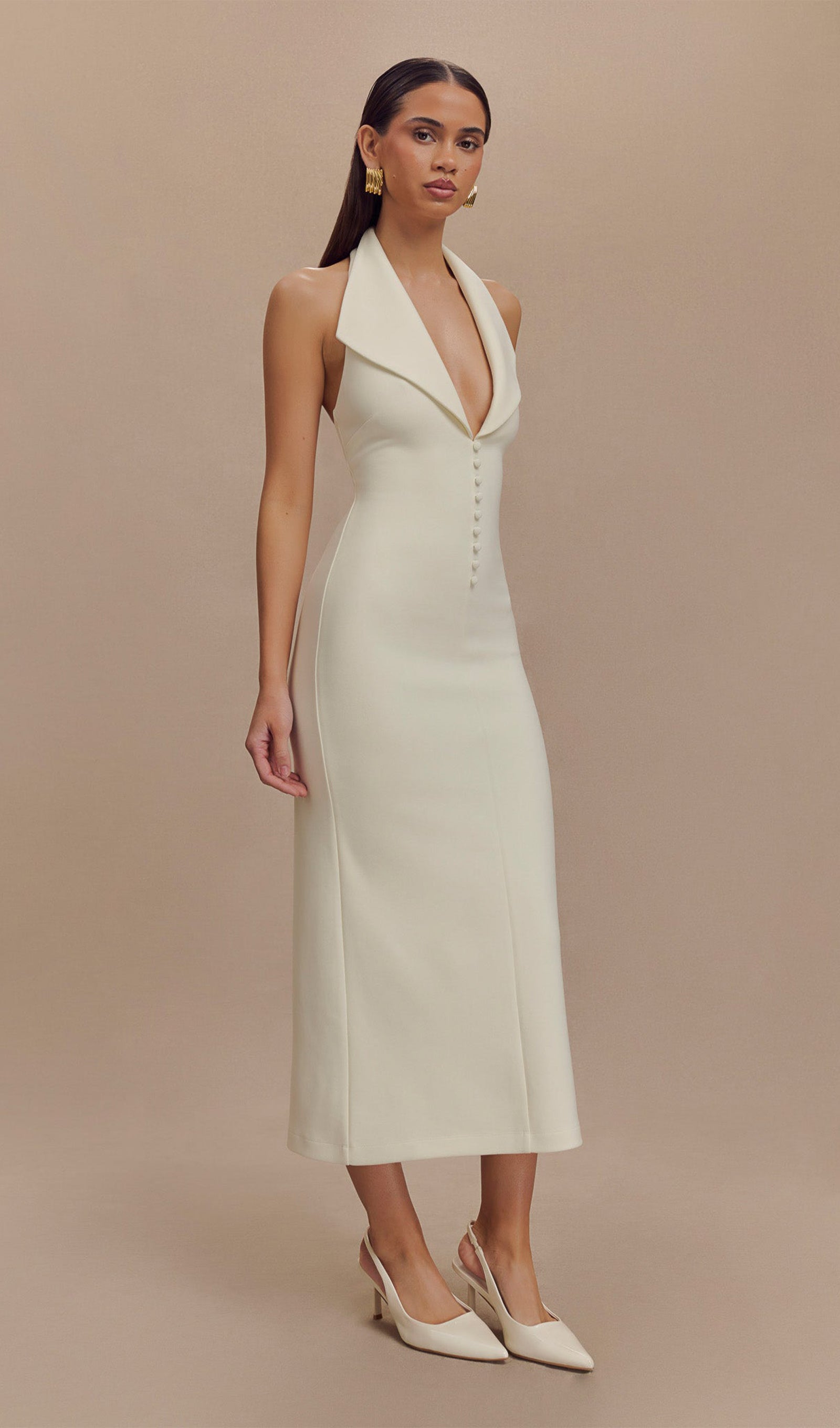 Fildişi Krep Askılı Midi Elbise