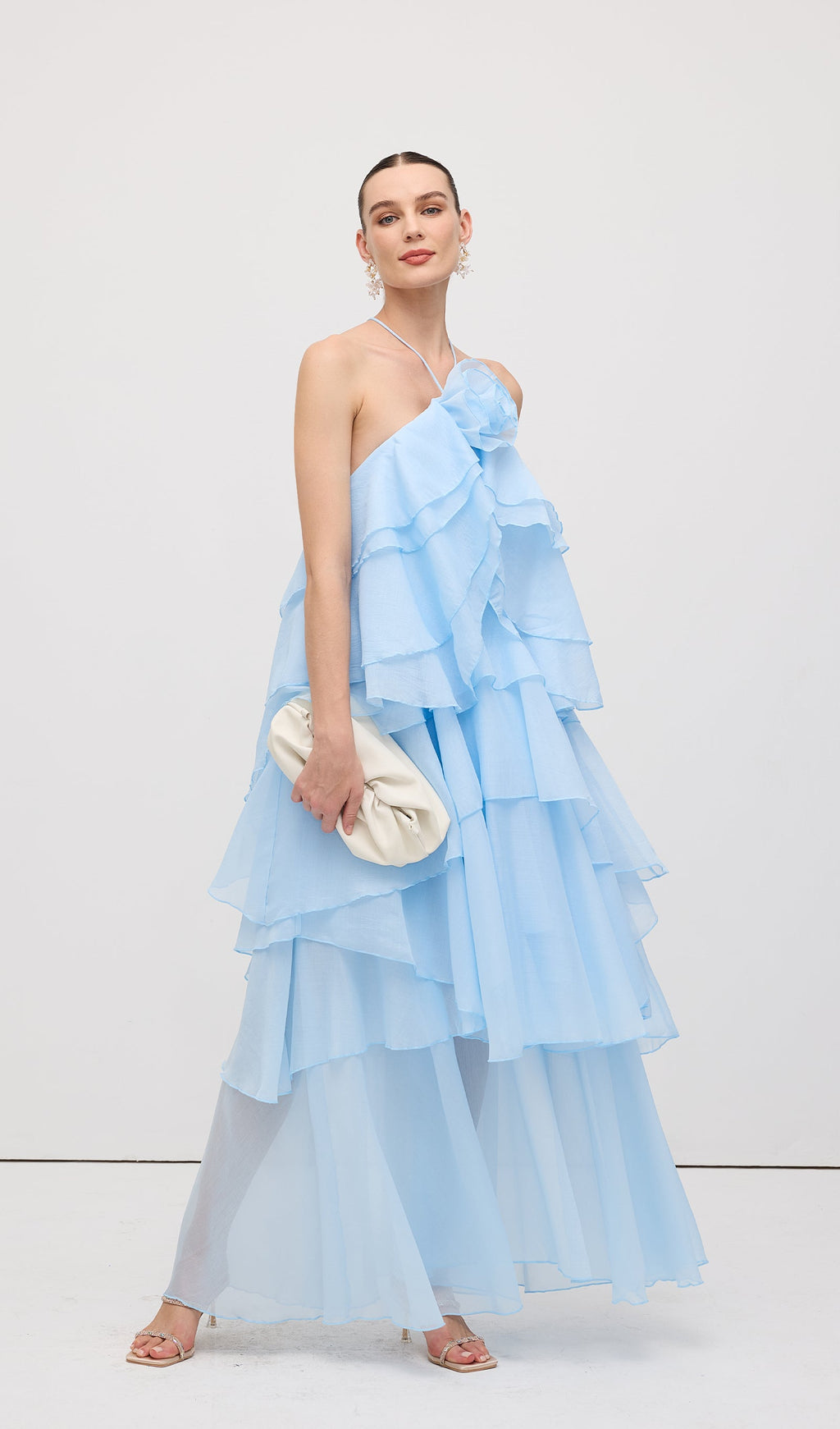 Askılı Katmanlı Uzun Elbise Mavi