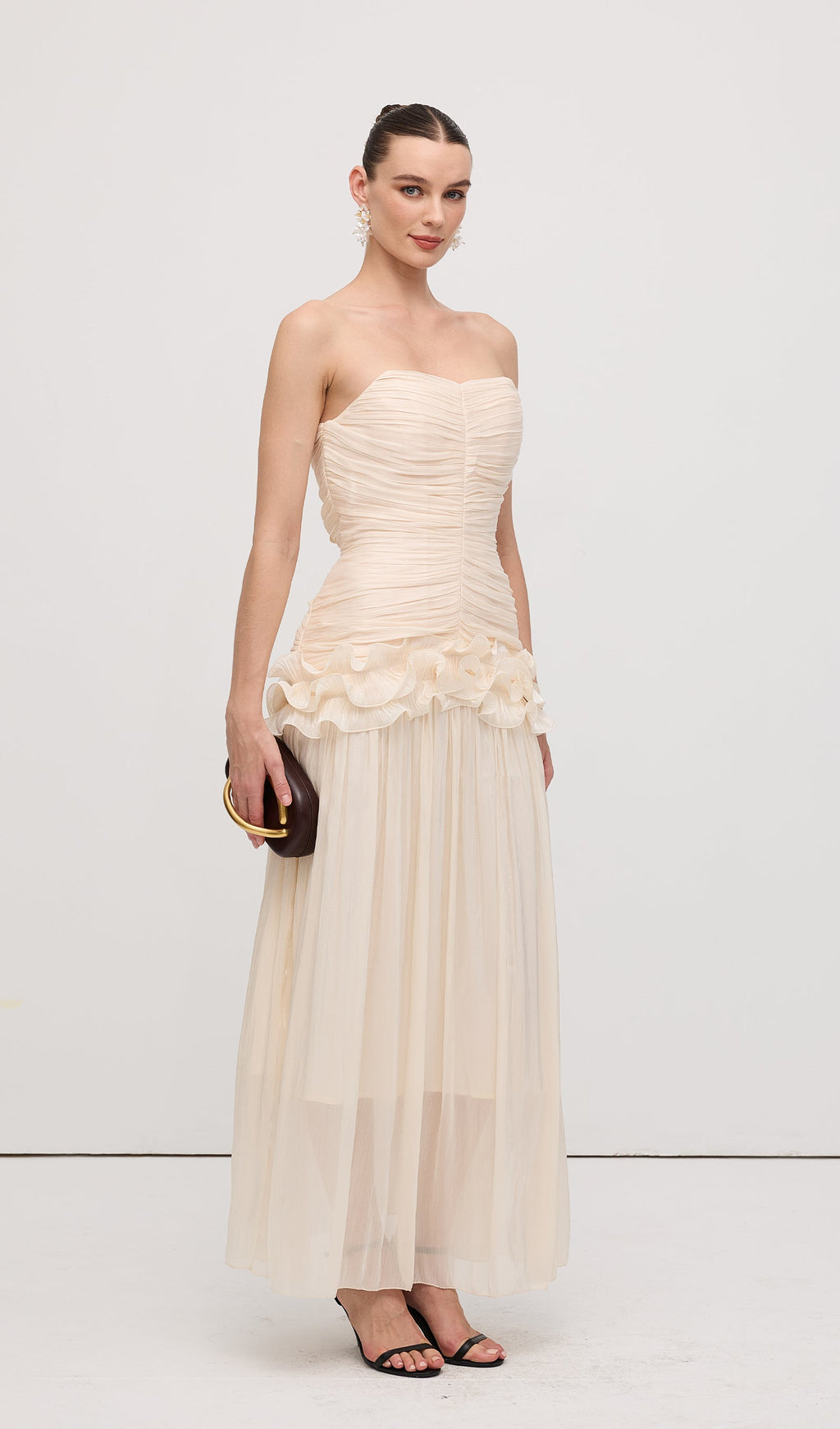 İnce Askısız Volanlı Uzun Elbise