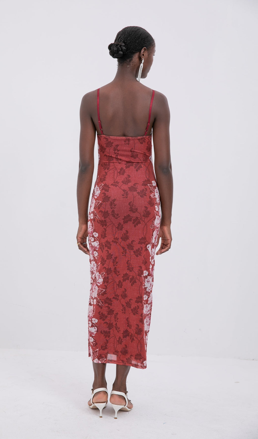 Moda Çiçek Desenli Gül Çizgili Uzun Elbise