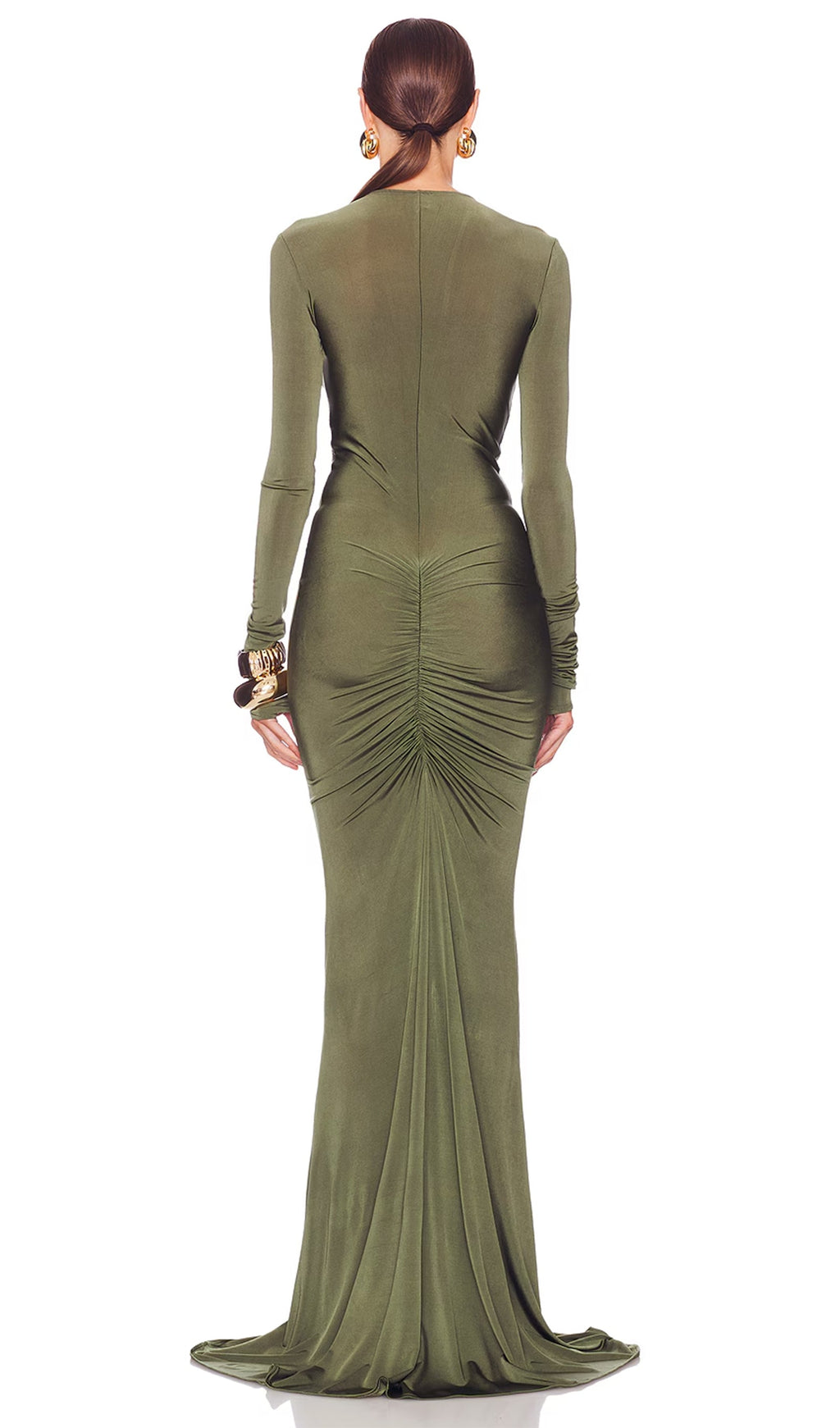 V Yakalı Büzgülü Uzun Elbise