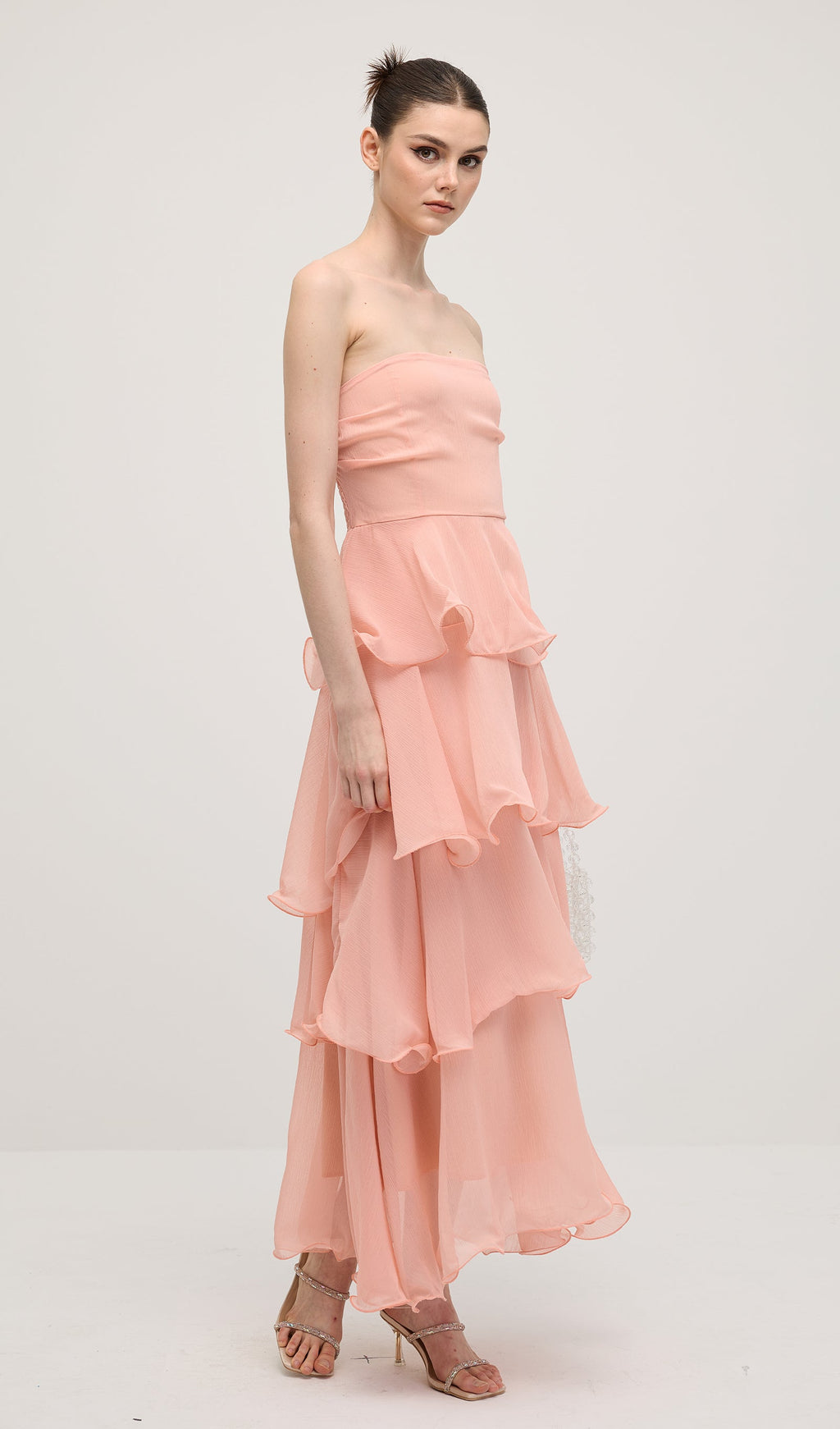 Pembe Straplez Katmanlı Midi Elbise