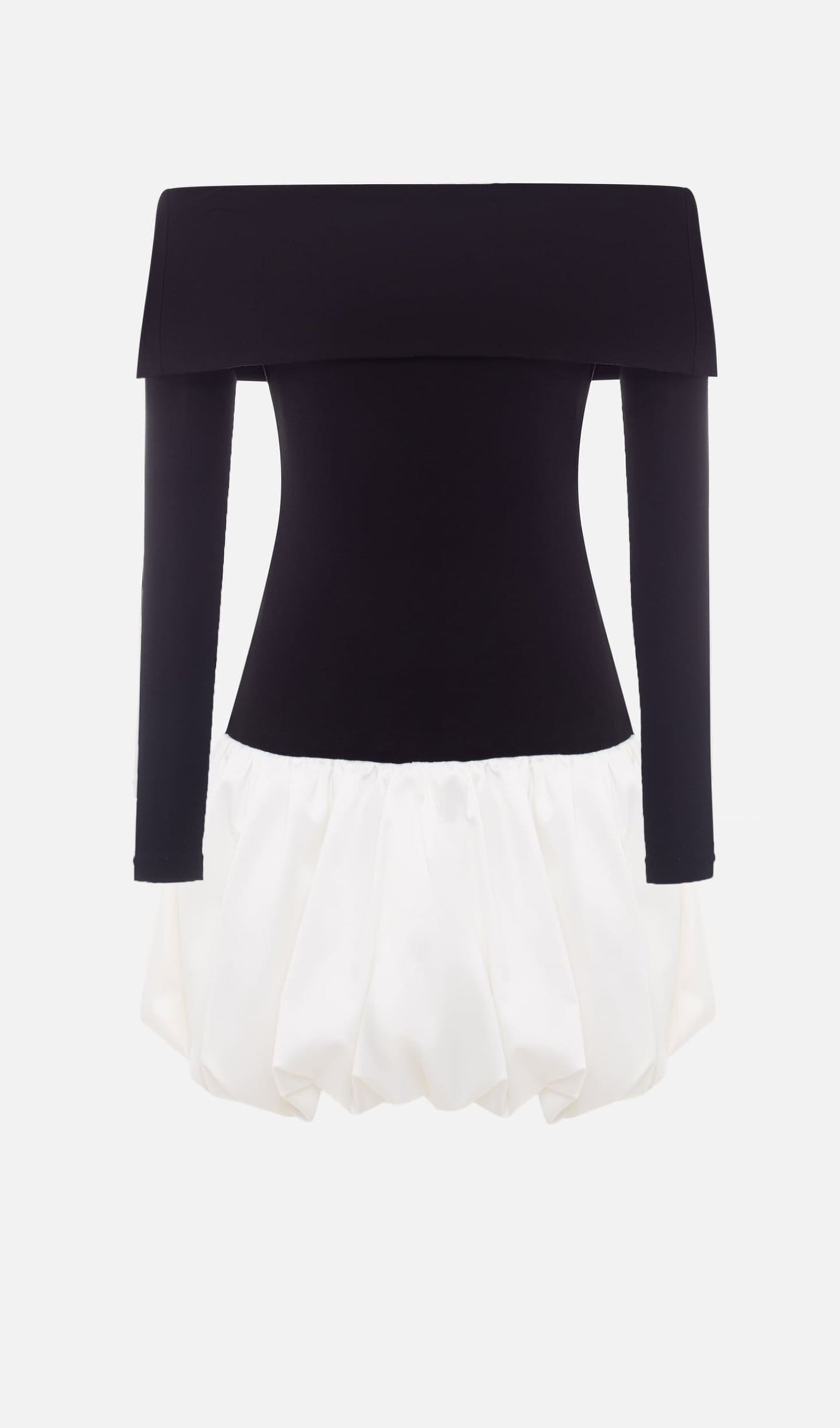 Açık Omuzlu Balon Mini Elbise-Beyaz