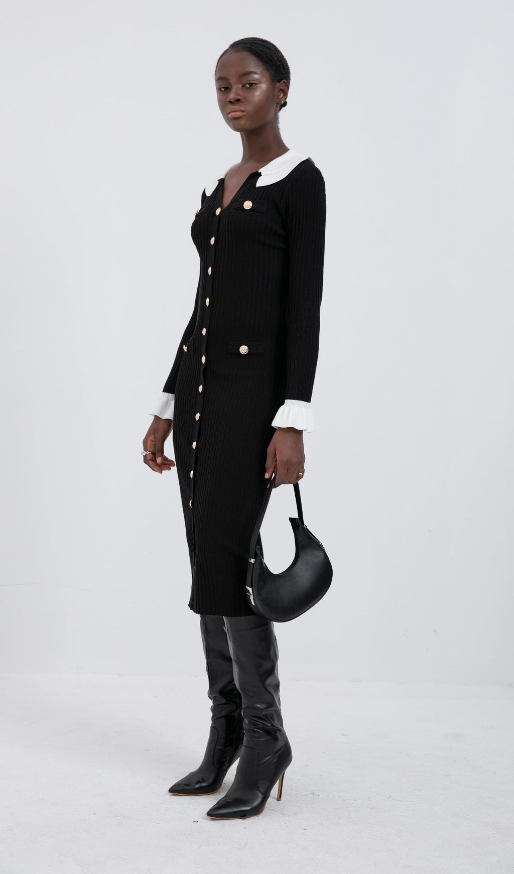 Trendy Jersey Volan Yaka Midi Elbise - Siyah