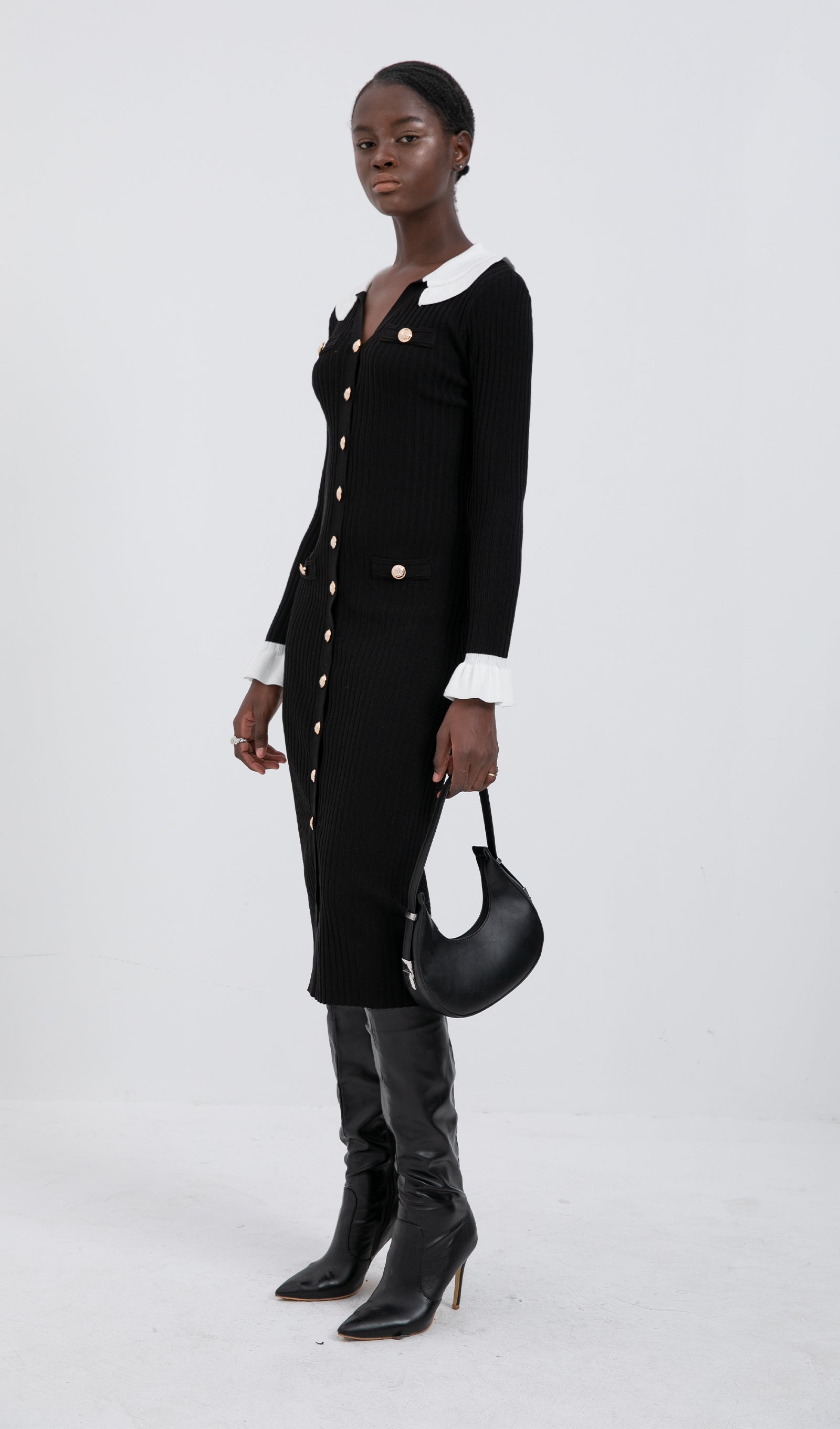 Trendy Jersey Volan Yaka Midi Elbise - Siyah