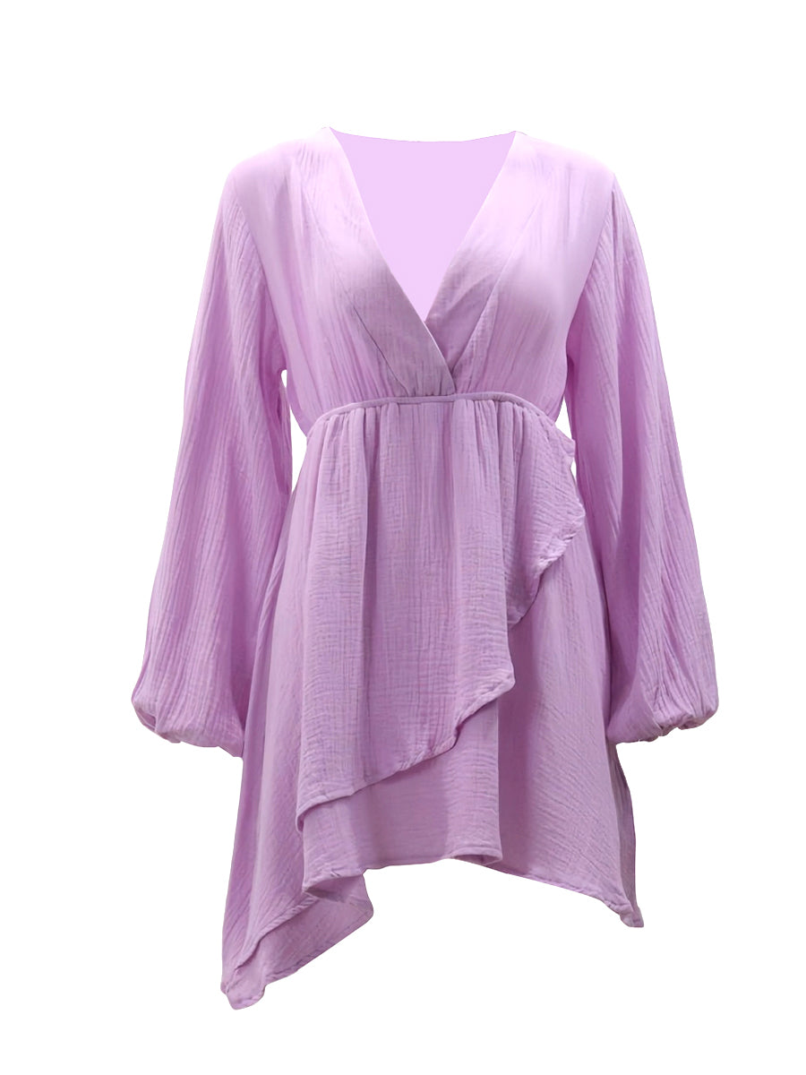 Kemersiz V Yaka Fener Kollu Mini Elbise