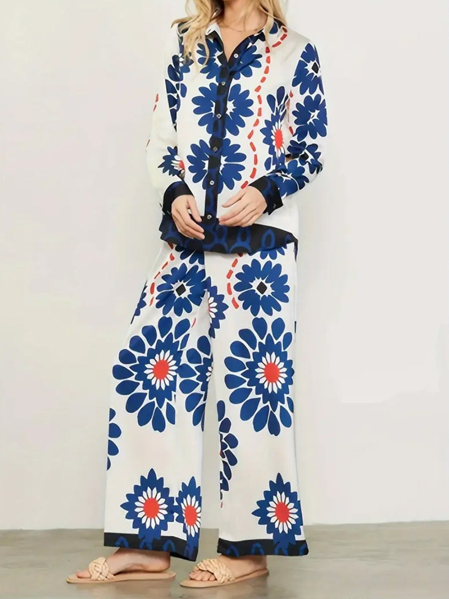 Çiçek Desenli Pantolon Gömlek Takımı