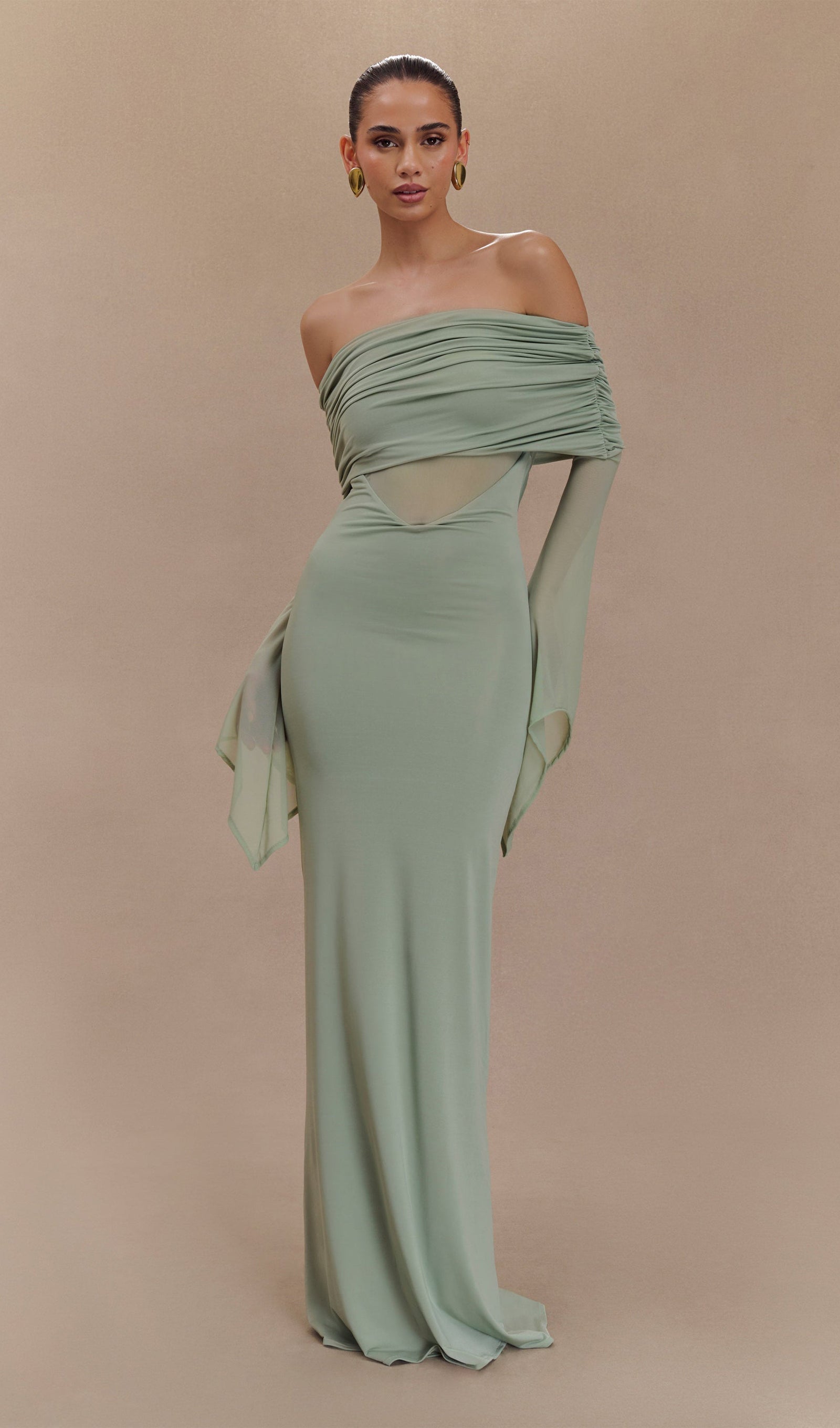 Tek Omuzlu Slinky Büzgülü Uzun Elbise - Yeşil