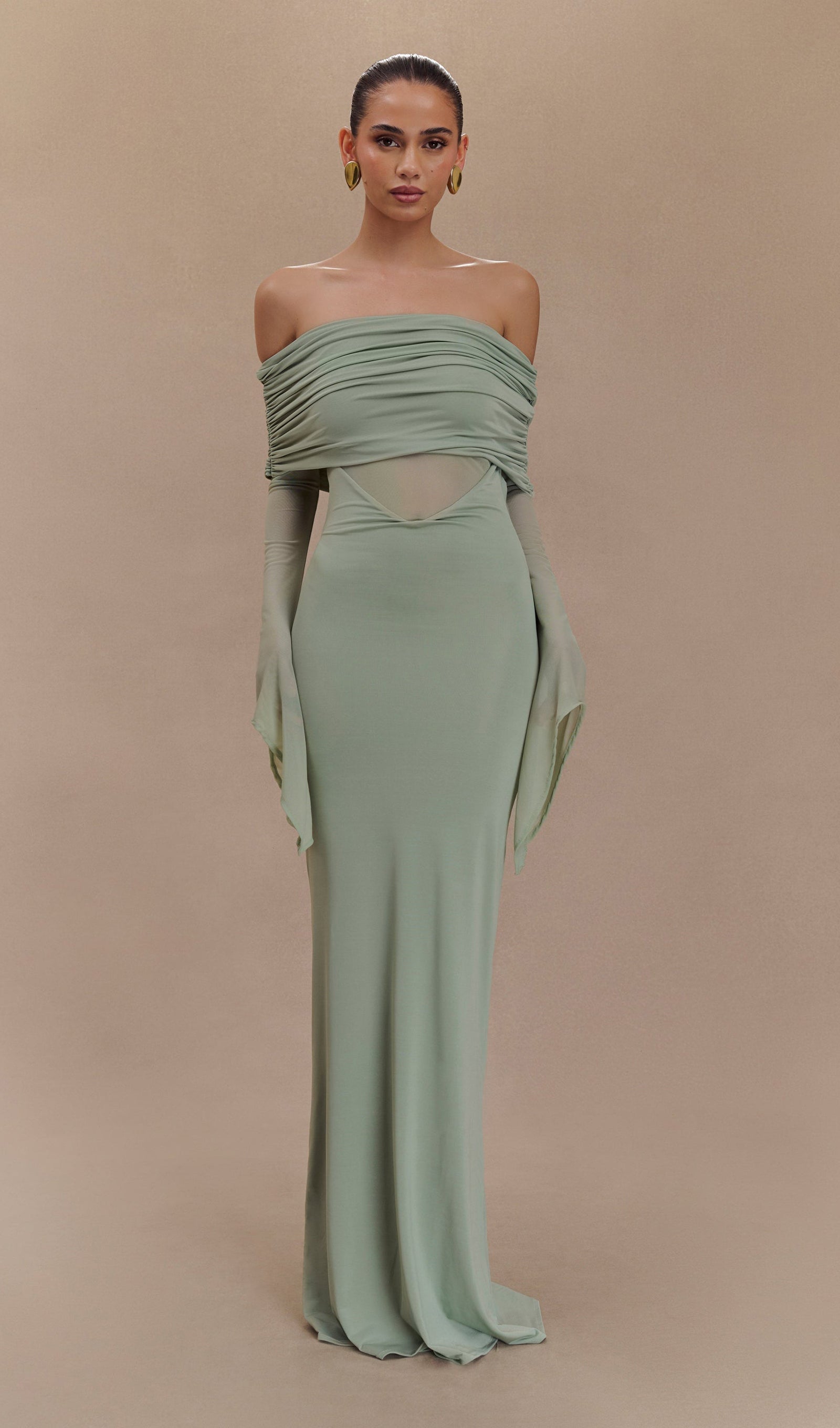 Tek Omuzlu Slinky Büzgülü Uzun Elbise - Yeşil