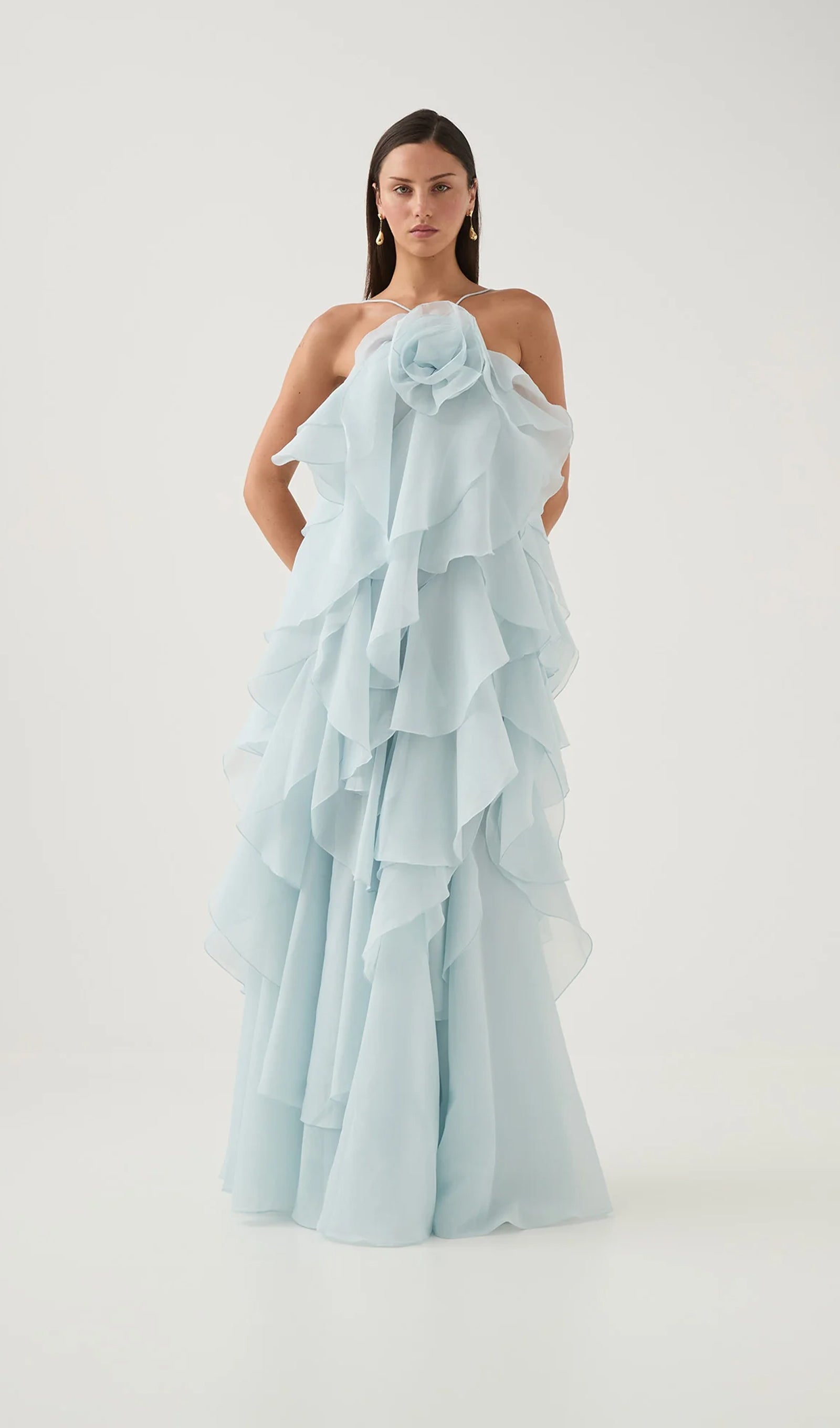 Askılı Katmanlı Uzun Elbise