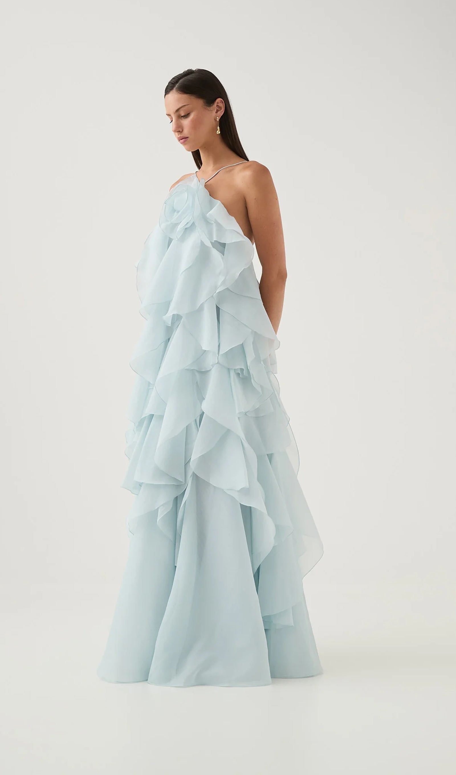 Askılı Katmanlı Uzun Elbise