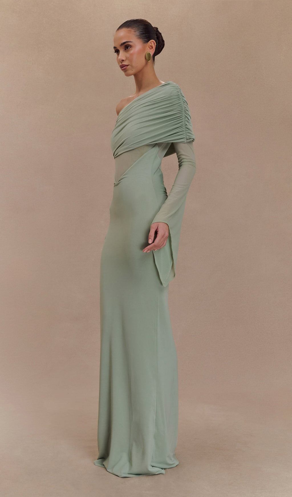 Tek Omuzlu Slinky Büzgülü Uzun Elbise - Yeşil