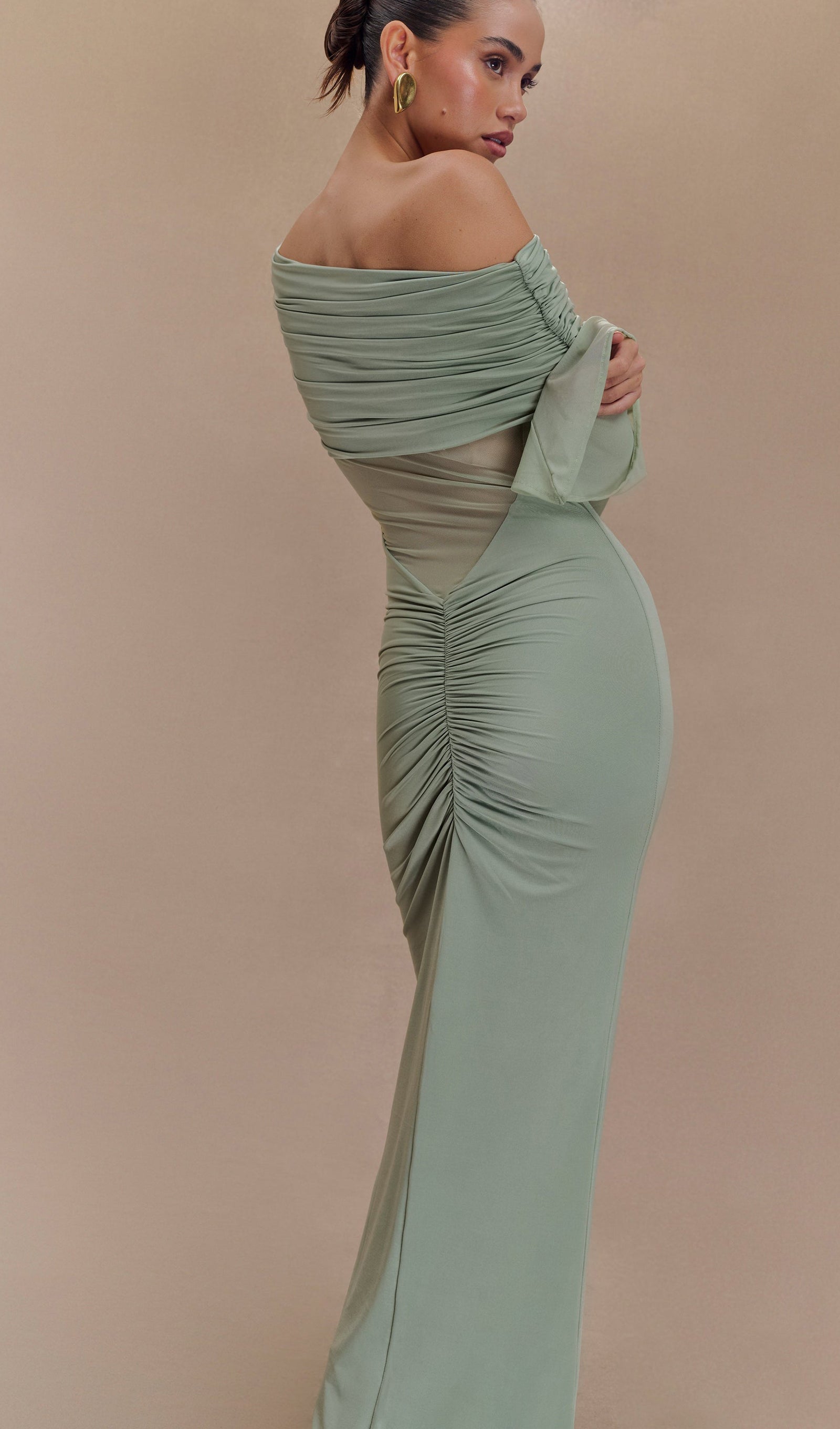 Tek Omuzlu Slinky Büzgülü Uzun Elbise - Yeşil