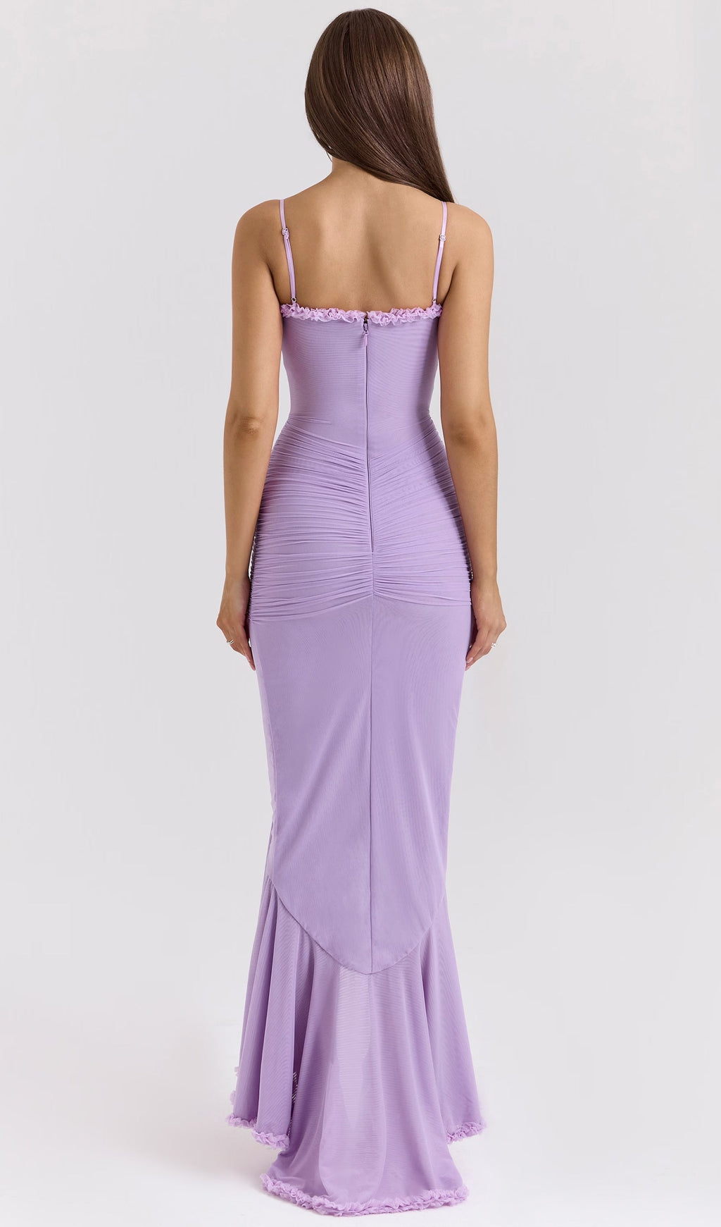 Taro Moru Fileli Önden Volanlı Uzun Elbise