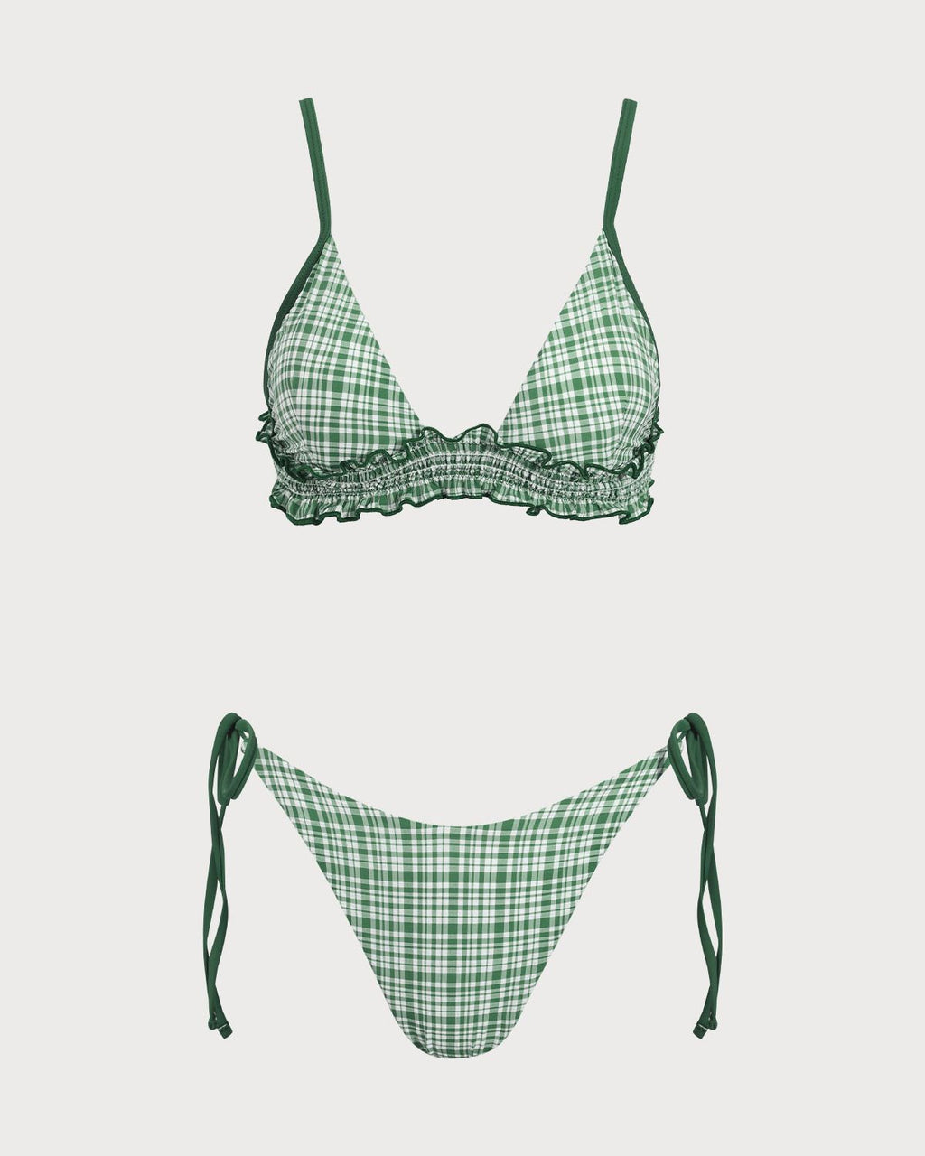 Yeşil Kontrast Ekose Kırışık Bikini Takımı