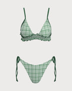 Yeşil Kontrast Ekose Kırışık Bikini Takımı
