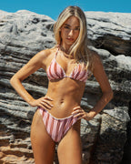 Pembe Çizgili Fırfırlı Halter Bikini Takımı