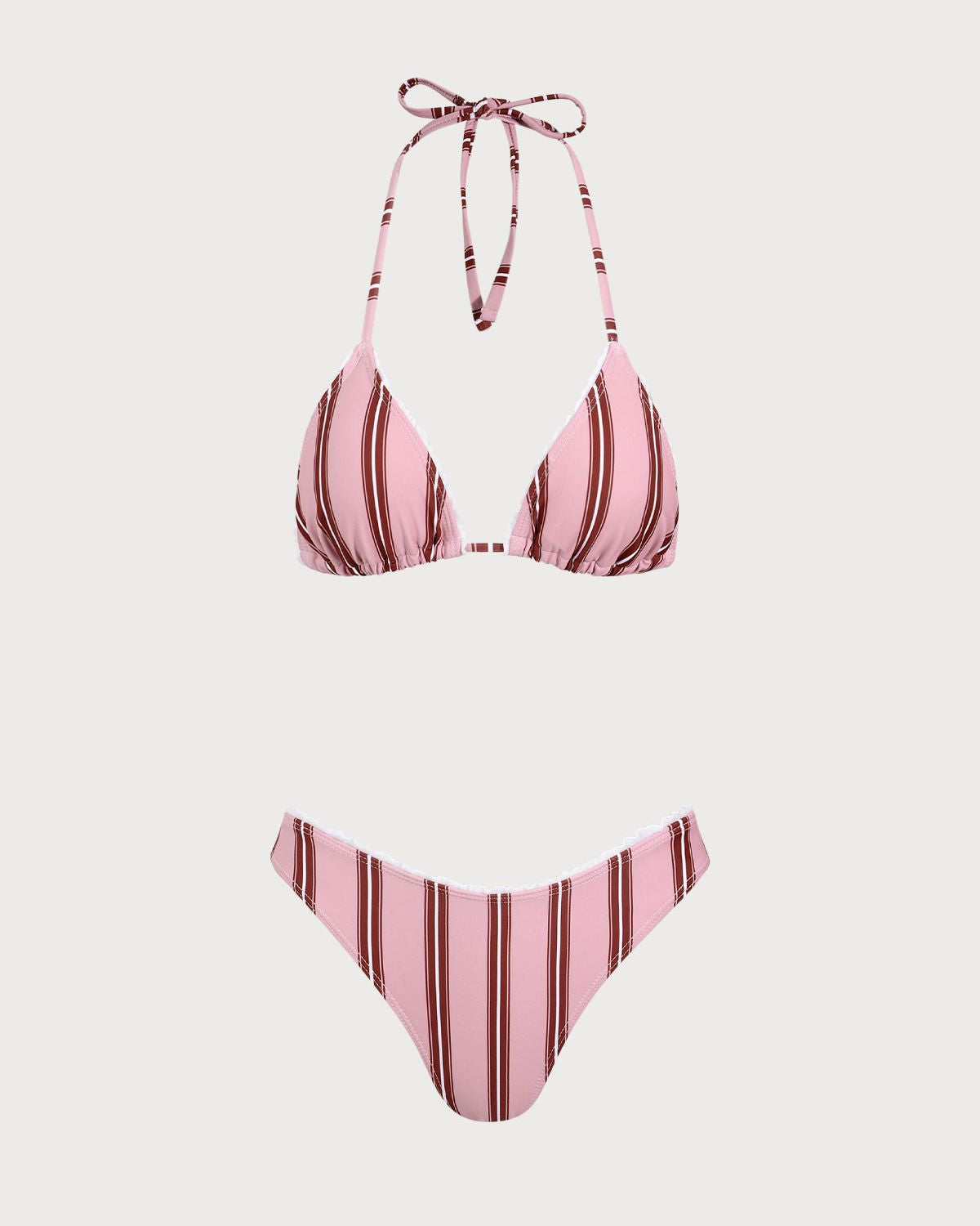 Pembe Çizgili Fırfırlı Halter Bikini Takımı