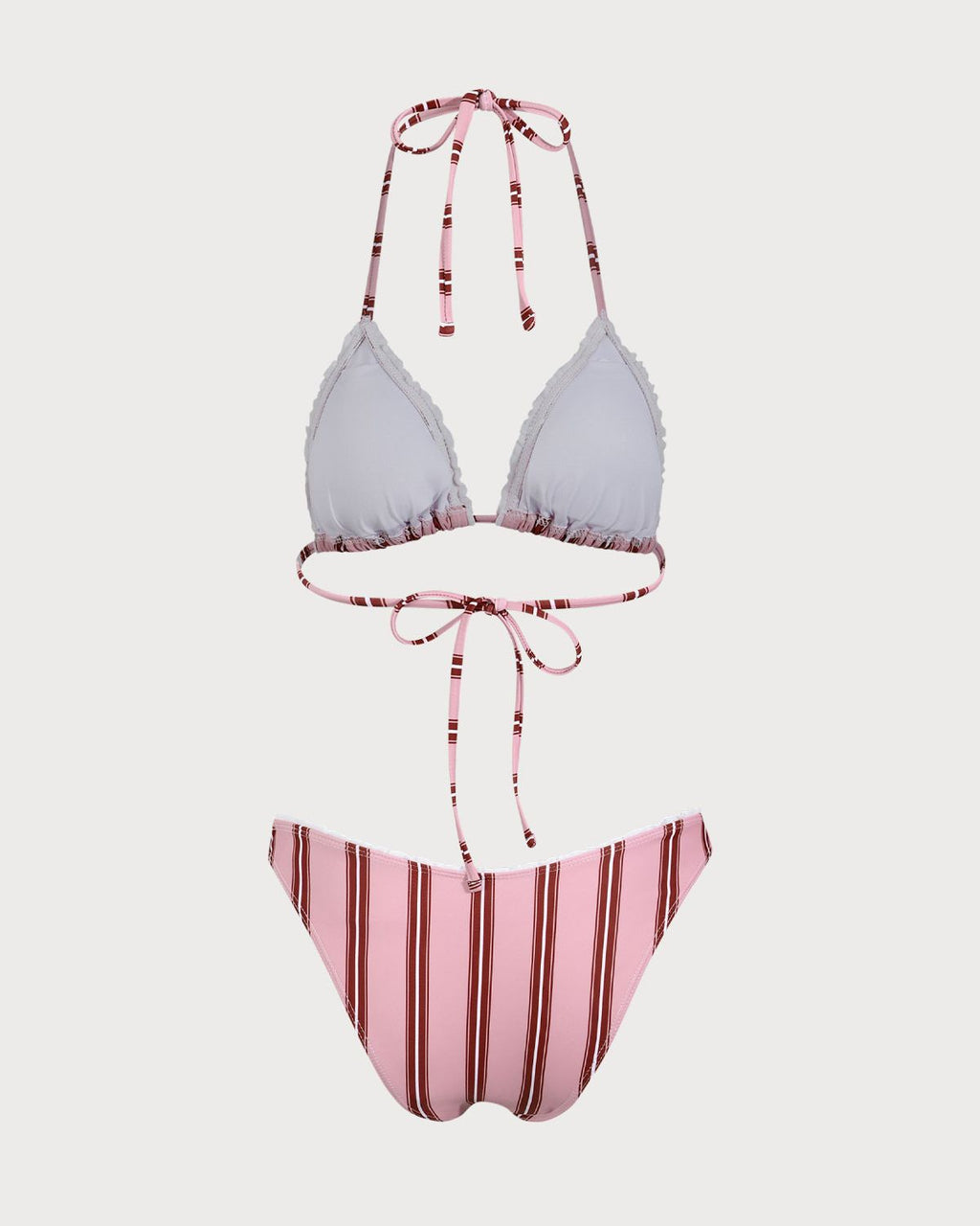 Pembe Çizgili Fırfırlı Halter Bikini Takımı