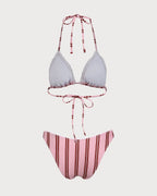 Pembe Çizgili Fırfırlı Halter Bikini Takımı