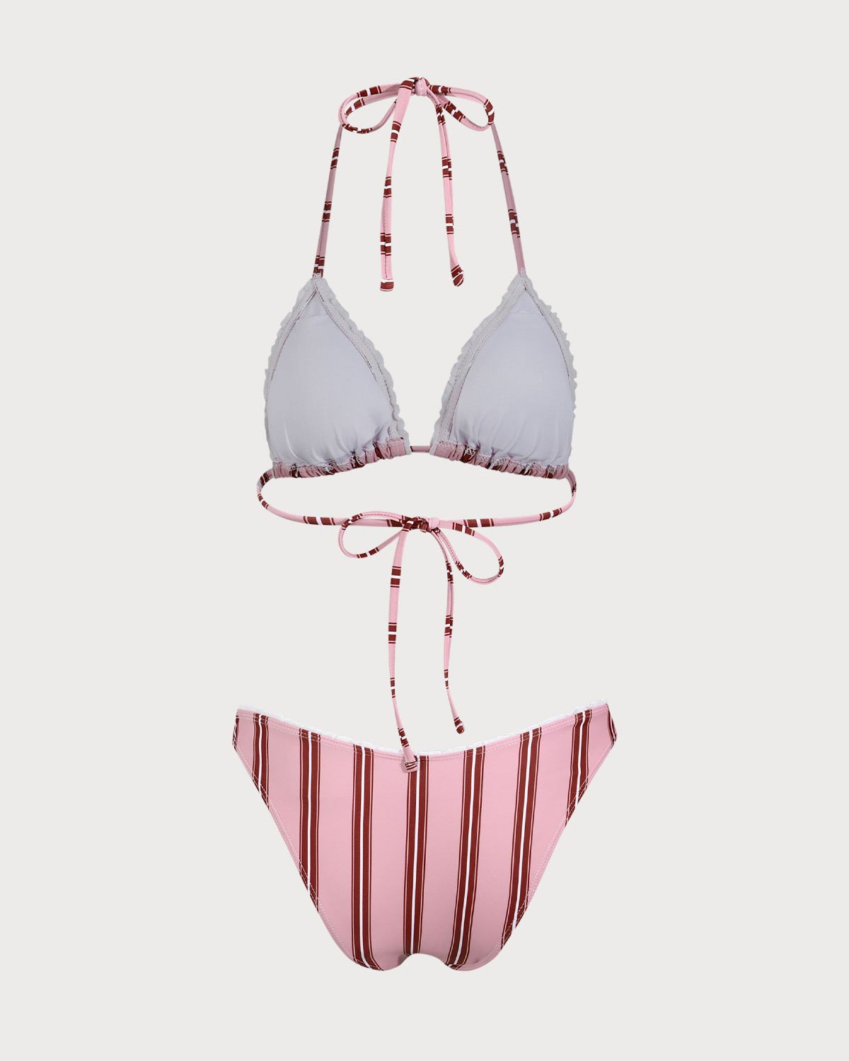 Pembe Çizgili Fırfırlı Halter Bikini Takımı