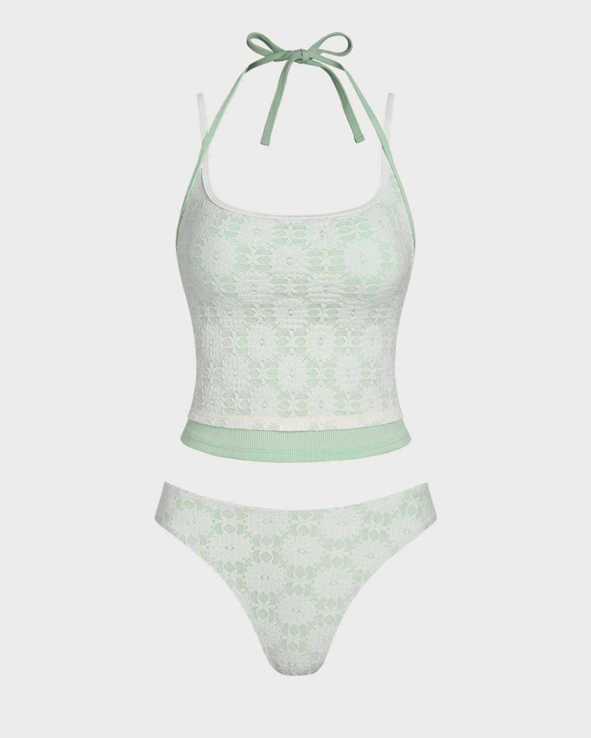 Yeşil Kontrast Dantelli Tankini Mayo