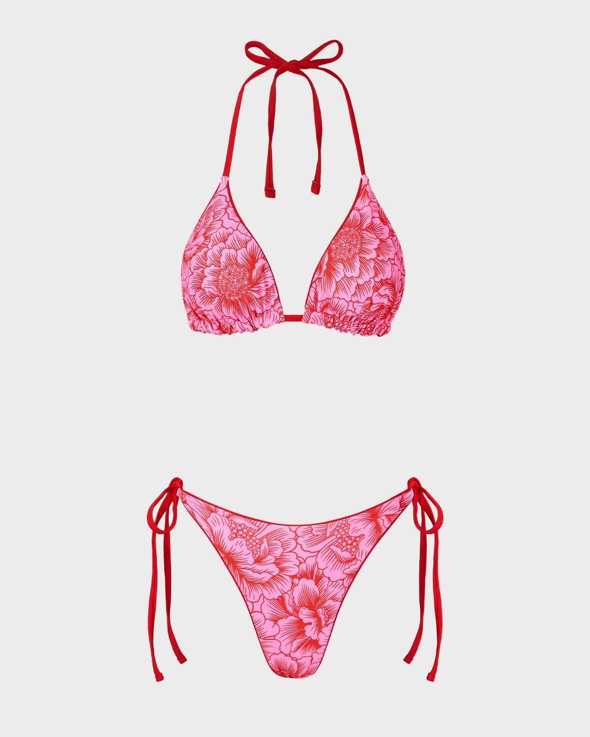 Kırmızı Çiçekli Çift Taraflı Bikini Takımı