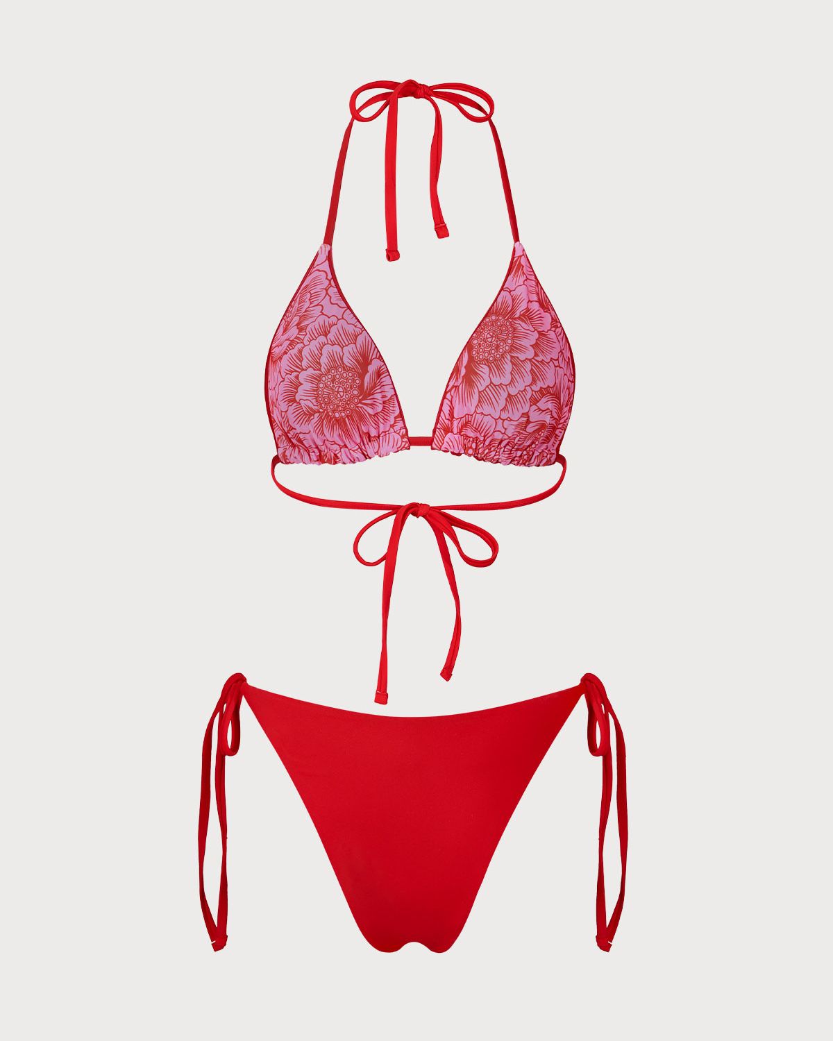 Kırmızı Çiçekli Çift Taraflı Bikini Takımı